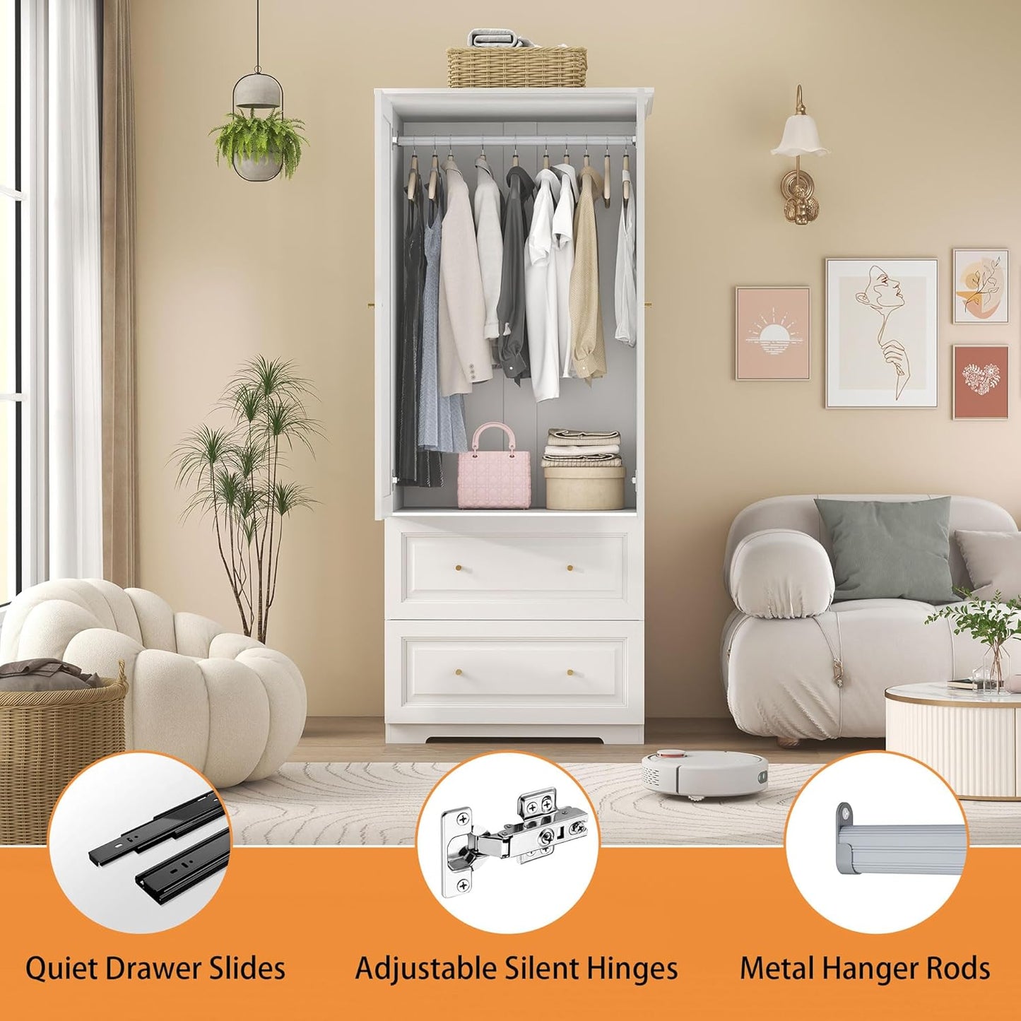 White Armoire Wardrobe Closet with Drawers: Wardrobe Closet for Hanging Clothes, Modern Bedroom Armoires with Hanging Rod, Wardrobes Closets with Doors and Shelves (White, 31.5")