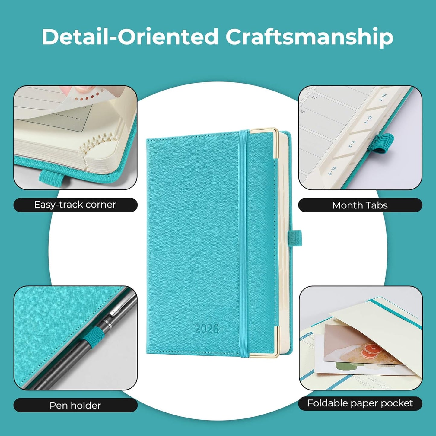 Daily Planner 2026 with One Page Per Day,(A5-8.5" x 5.9"),12 Months Calendar Hourly Appointment Book Monthly Tabs & Self-adhesive Pen Holder,Inner Pocket, Vegan Leather Hardback,Light Blue