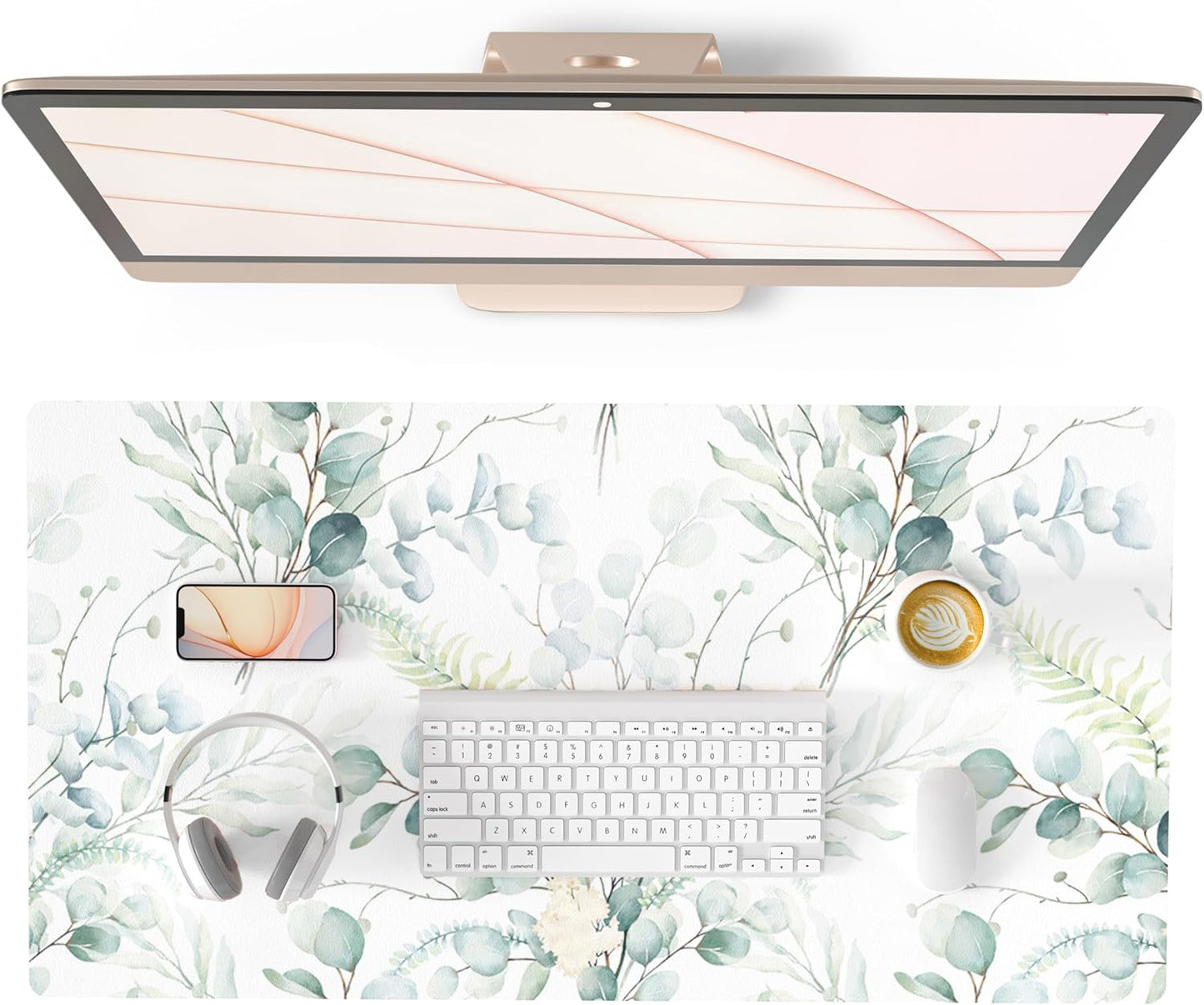 QIYI Large Mouse Pad for Desk, Cute Desk Mat for Desktop, Women Girls Green Office Décor Desk Accessories, PU Leather Waterproof Gaming Mousepad, Eucalyptus Leaf Desk Pad Computer Mat, 31.5" x 15.7"