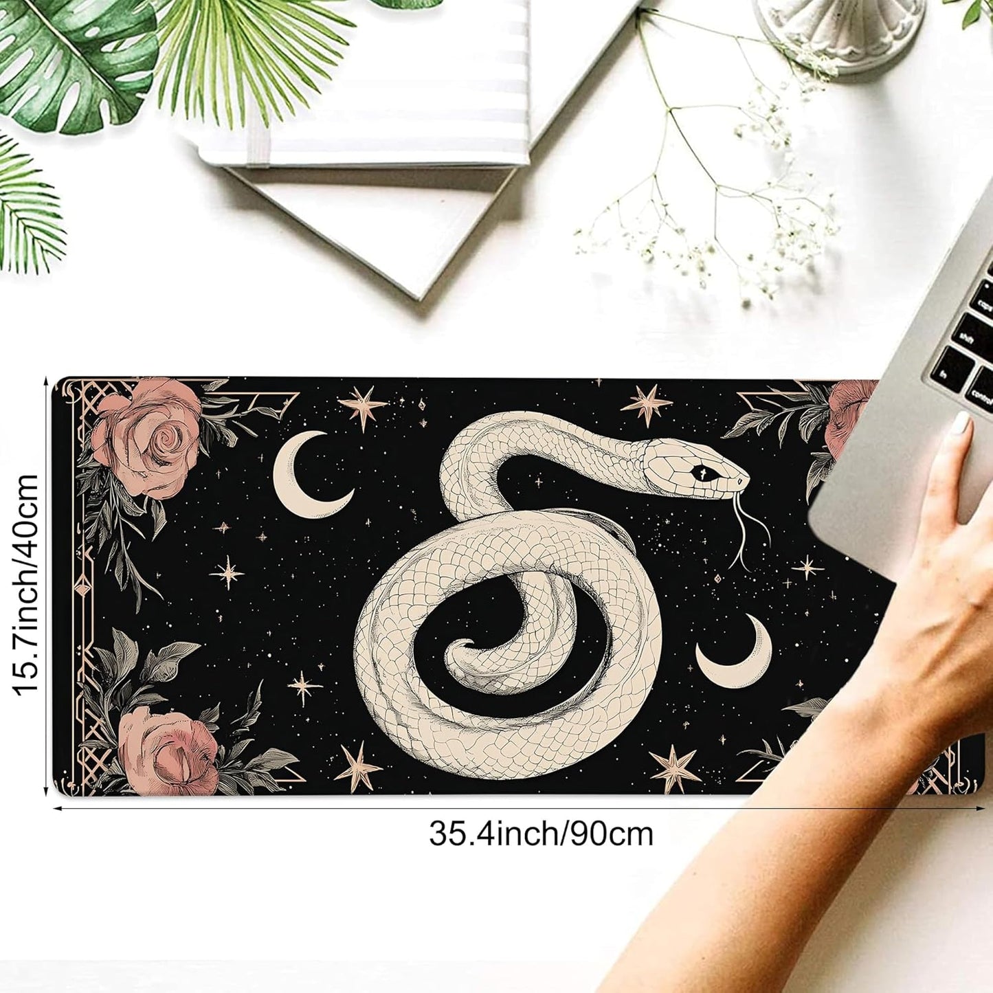 Desk Mat, Boho Gothic Snake and Pink Rose Large Gaming Mouse Pad with Non-Slip Base Stitched Edges,Desk pad for Keyboard and Mouse Home Office 35.4"x15.7"