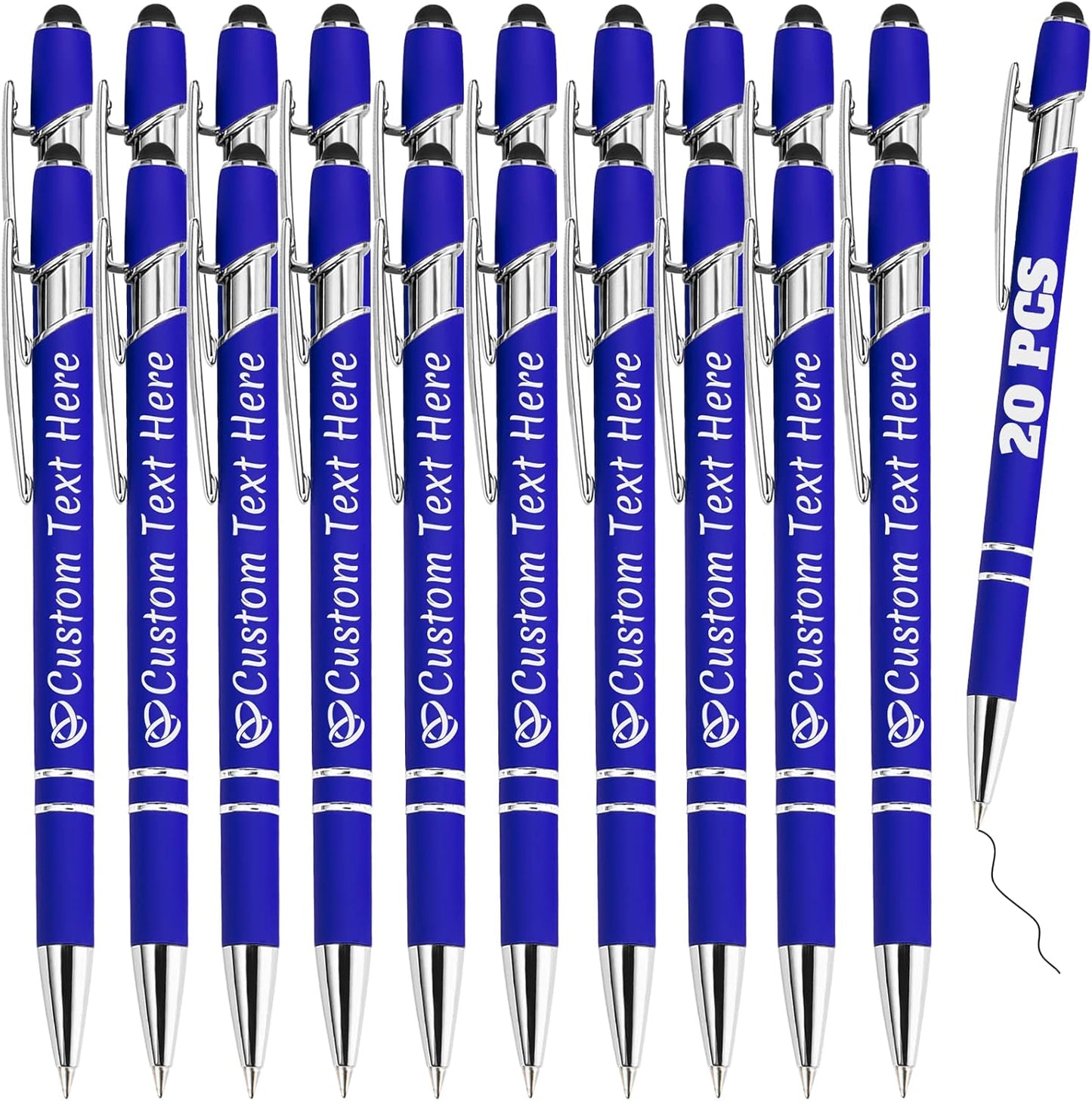 Personalized Pens Bulk 20 with Name Custom Engraving Ballpoint Pens with Stylus Tip Customized Smooth Writing Pens Personalized Gifts for Anniversary Birthday or Graduation(Blue,Black Ink)