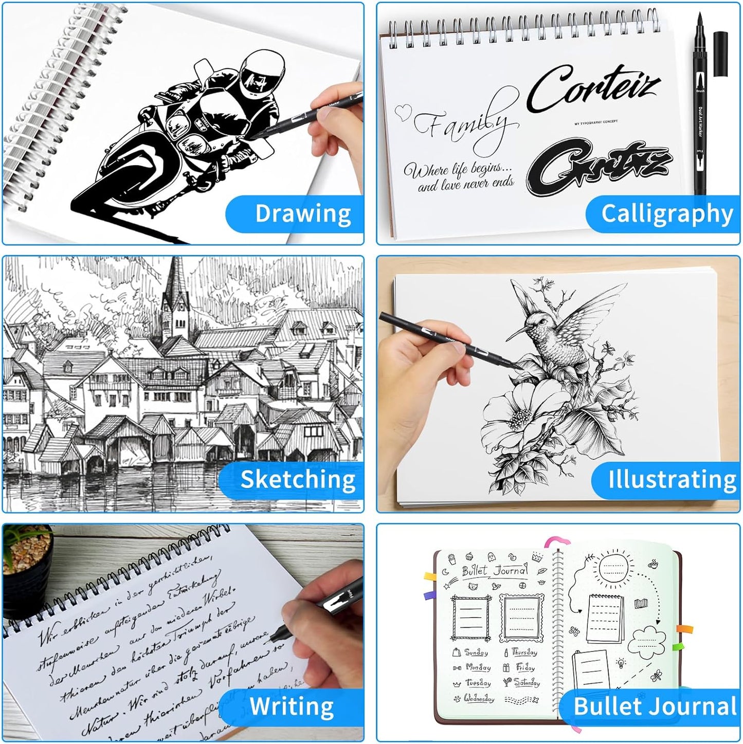 Black Drawing Pens, 12 Pack Dual Tip Brush Pens - Fine Liner & Brush Markers for Sketching, Calligraphy, Journaling - Water-Based, Quick-Drying Ink - Ideal for Artists, Adults & Kids