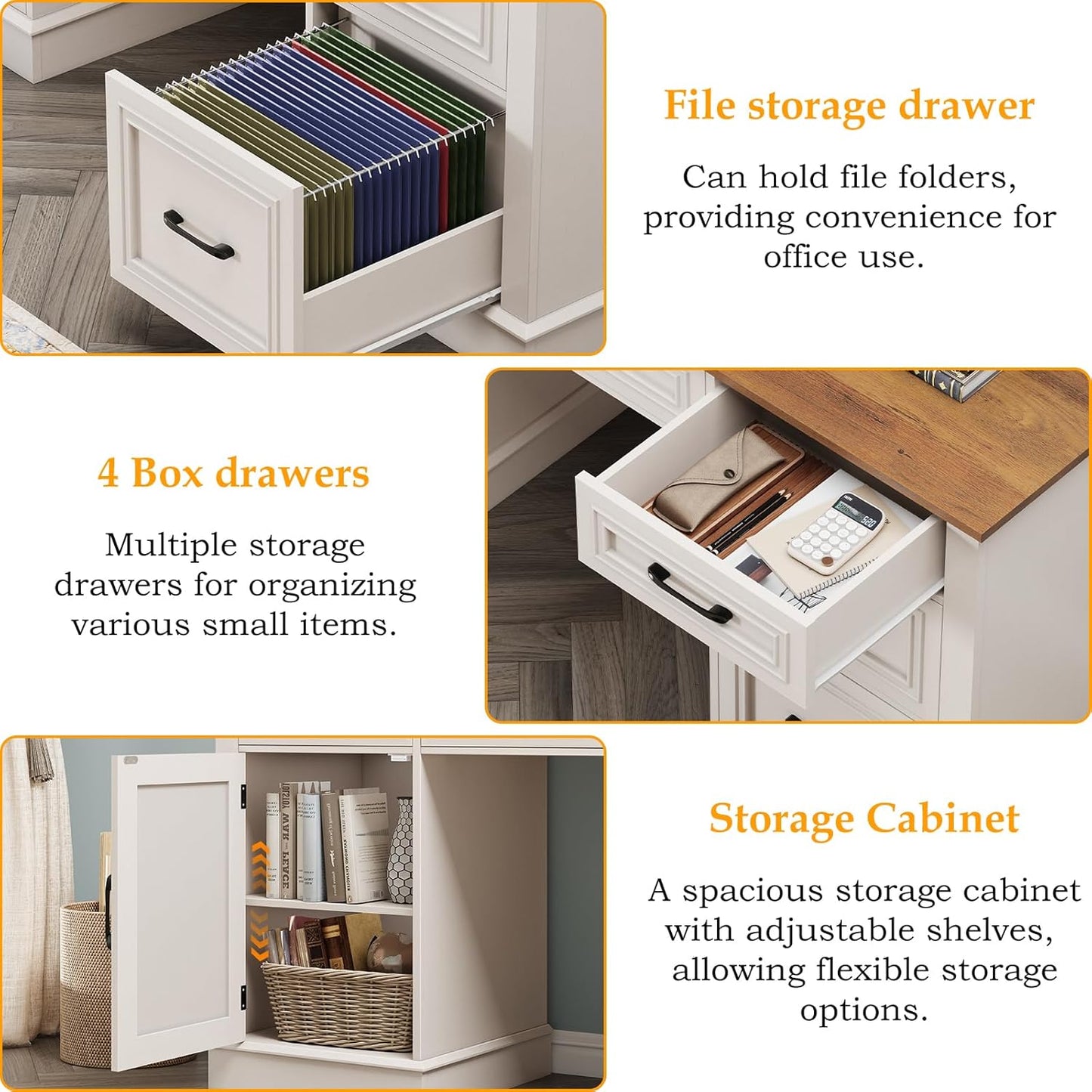 67" H Farmhouse Executive Desk with Hutch. Wood Workstation with 5 Drawers, Storage Cabinet, File Drawers and Charging Station, Ideal as Office Desk, Computer Desk for Home Office and Study