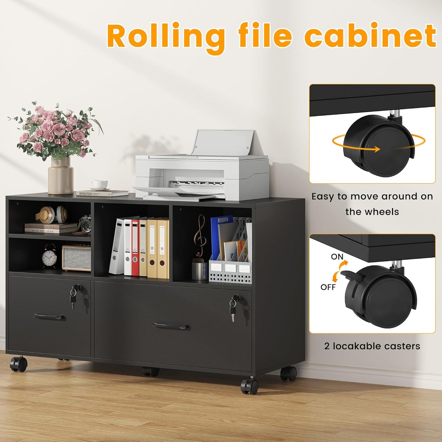 2 Drawer Wood Mobile Large Lateral File Cabinet with Lock, Lockable Rolling Filing Cabinet with Storage Shelves, Printer Stand Office Storage for Home Office Fits Files Legal/A4,Black