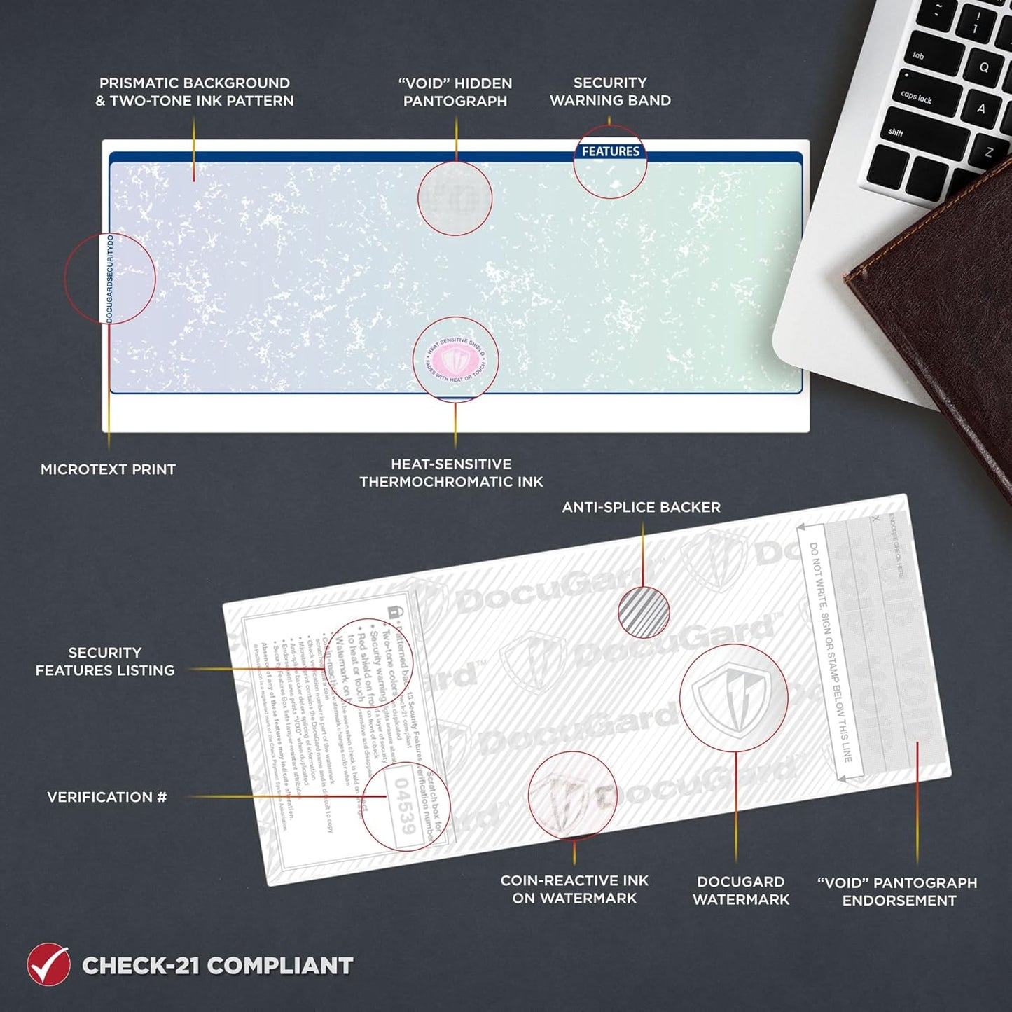 Docugard Premier Prismatic Business Checks, 3 Checks Per Page, Blue and Green, 24 lb, 8.5 x 11 Inches, 2500 Sheets (04539C)