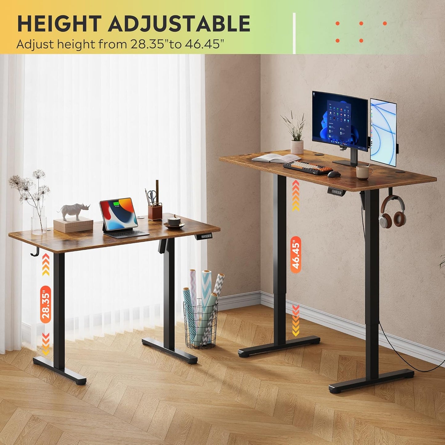 DEVAISE 48 Inch Electric Standing Desk, 3 Adjustable Height Stand up Desk for Home Office, Ergonomic Sit to Stand Desk with LED Touchscreen and Hook, 3 Memory Preset Computer Desk (Rustic Brown)