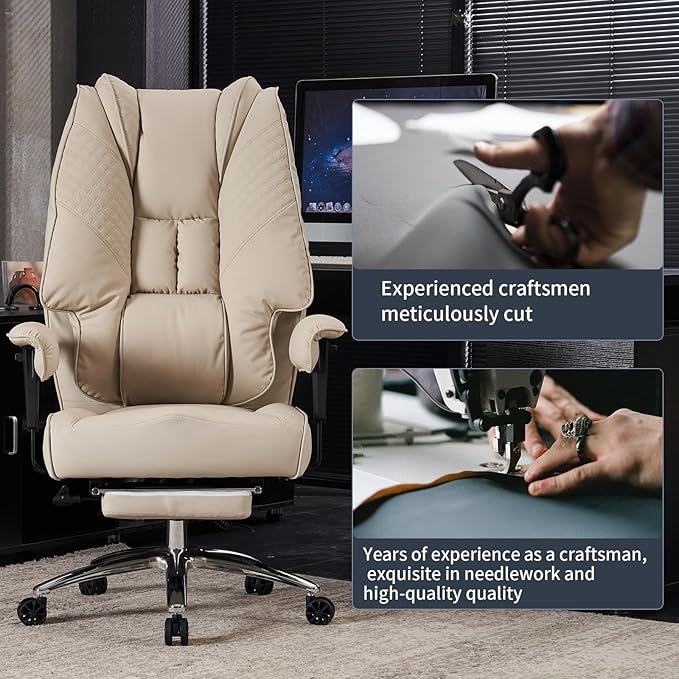 Big and Tall Office Chair 400lbs Wide Seat, Leather High Back Executive Office Chair with Foot Rest, Ergonomic Chairs Lumbar Support for Lower Back Pain Relief (Beige)