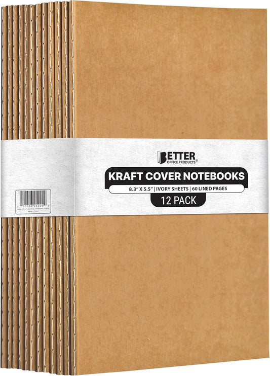 Better Office Products Kraft Notebooks Lined Paper, 12 Pack, 8.3 in x 5.5 in, A5 Size, 60 Lined Ivory Pages, 80 gsm, Soft Cover Composition Notebooks, Stitched Spines, Kraft Travel Journals