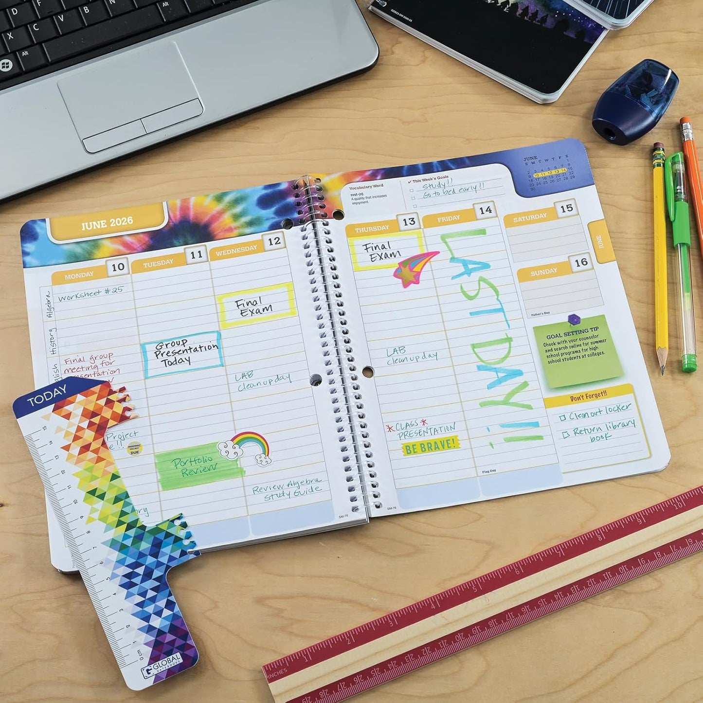 Global Datebooks Dated Middle School or High School Student Planner for Academic Year 2025-2026 Includes Ruler/Bookmark and Planning Stickers (Matrix Style - 7"x9" - Spectrum)