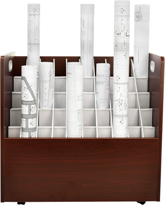 Adir Blue Print Storage Organizer - Mobile Roll File Cart, Construction Plan Holders, Blueprint Cabinet with Wheels, Roll Files Storage for Office and Home (50 Slots, Mahogany)
