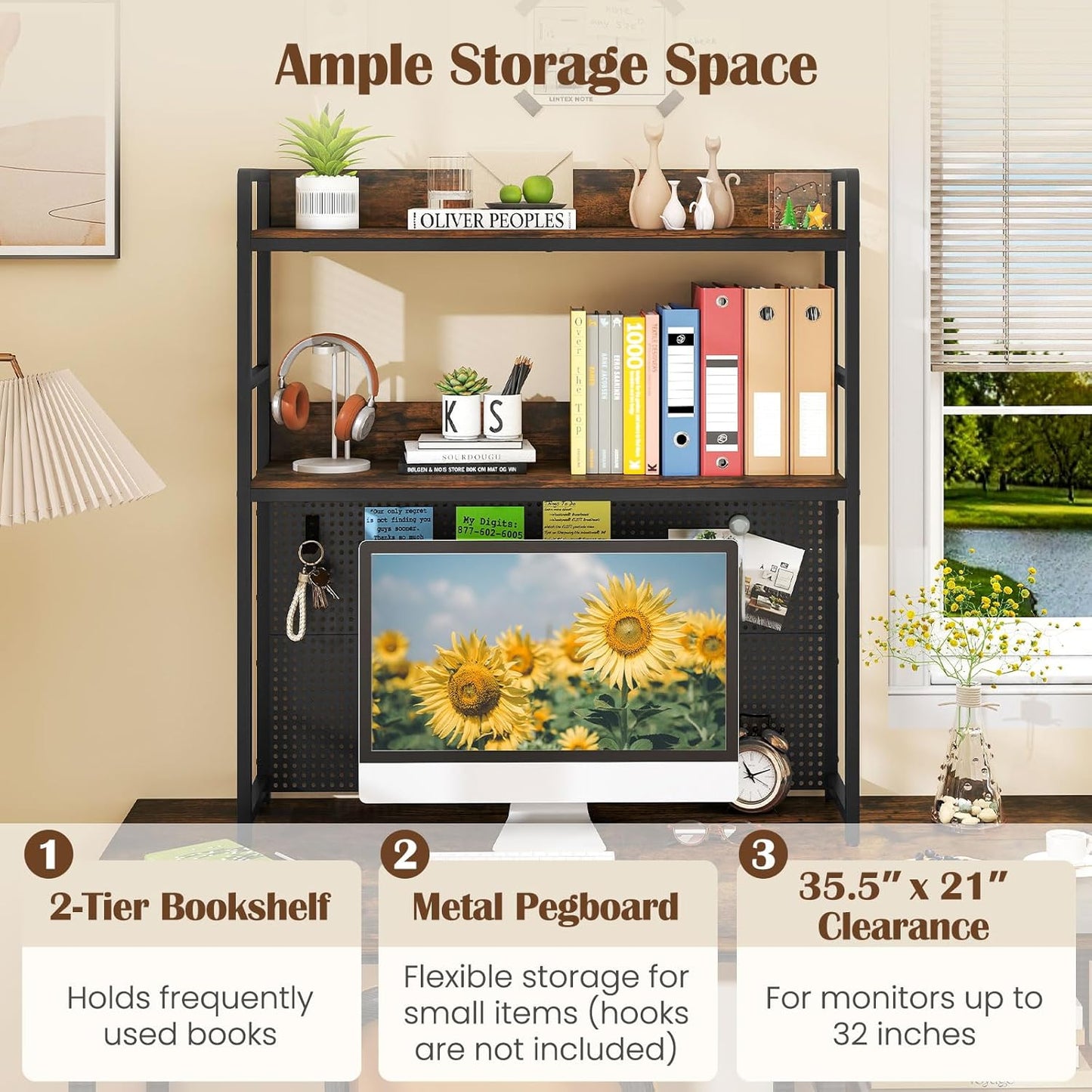 Giantex Desktop Bookshelf, 2-Tier Desk Hutch Dorm with Pegboard for up to 32" Computer Monitor, Industrial Countertop Storage Organizer Rack, Desk Shelf for Home Office, Rustic Brown