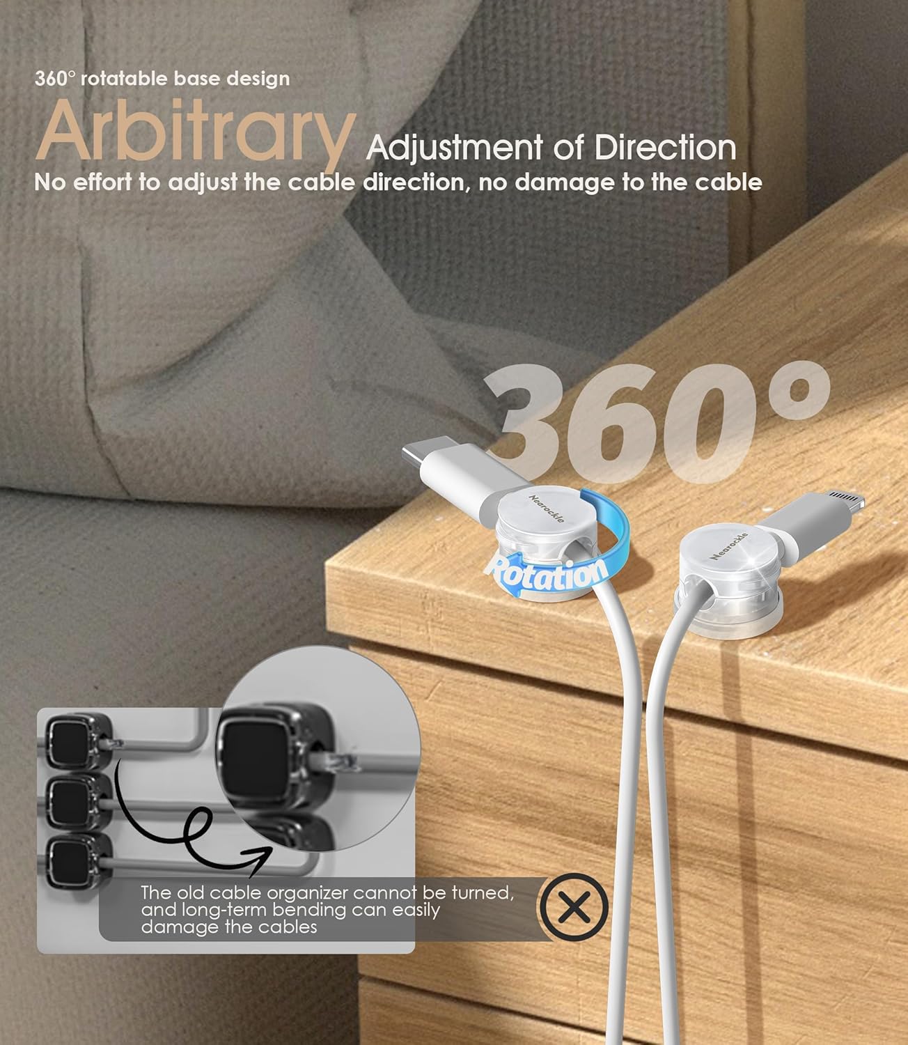 9 Pack Spring Cord Organizer Cable Clips [Locking Cable Rotatable], 2025 Latest Nearockle Phone Charging Cord Holder Cable Management for Car, Nightstand, Office Desk Accessories (Clear)