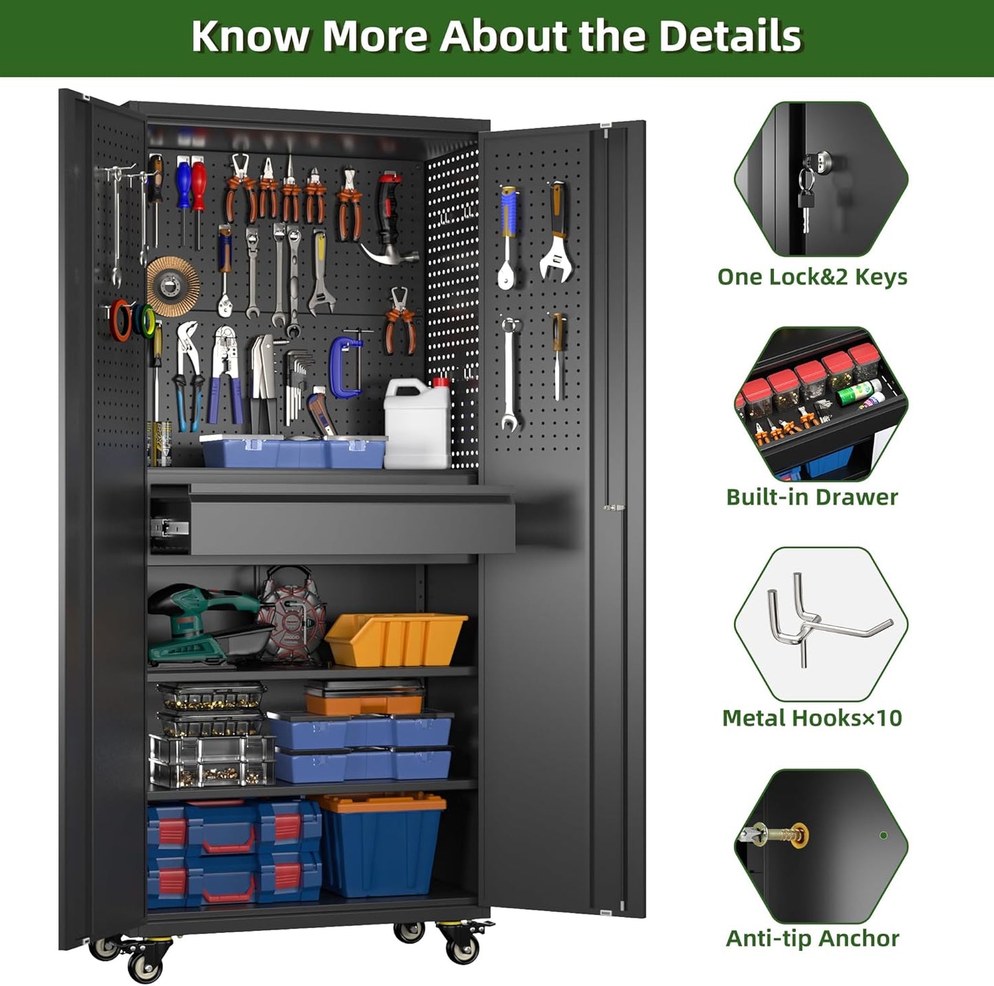 Aobabo Garage Storage Cabinet with Wheels, Metal Tool Storage Cabinet with 1 Drawer for Home,Assembly Required,Black