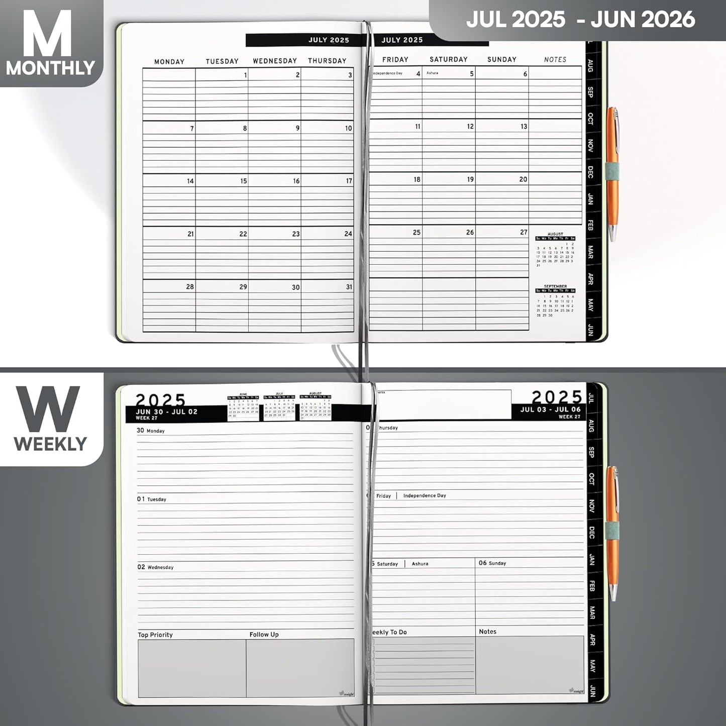 Ensight 2025-2026 HARDCOVER Leather Planner Weekly & Monthly - 8.5x11 Inches - Academic Planner Business Personal or Student - Pen Holder, Thick Paper, July 2025 - June 2026 (Grey)