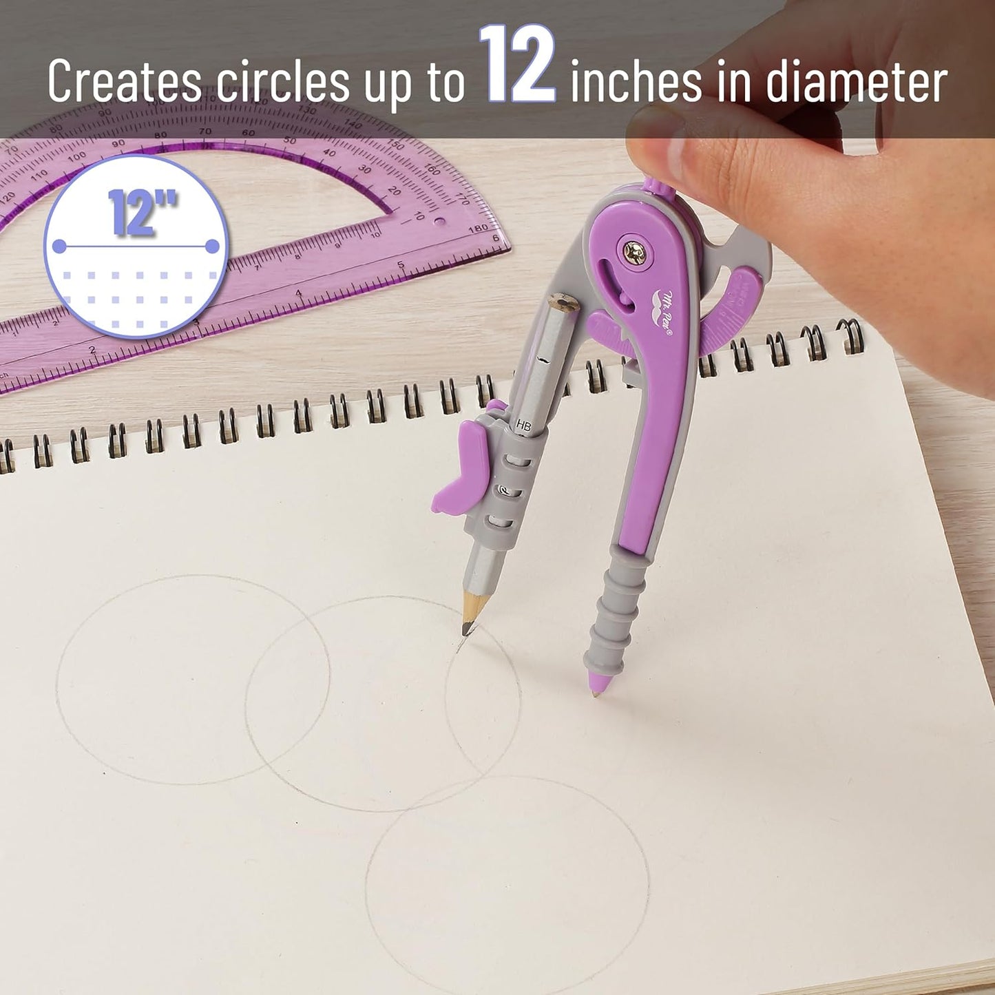 Mr. Pen- Compass and Protractor Set, Purple, Compass Geometry Tool, Protractor and Compass Set, Compass Drawing Tool, Drawing Compass, Protractor Set, Geometry Compass, Back to School Supplies