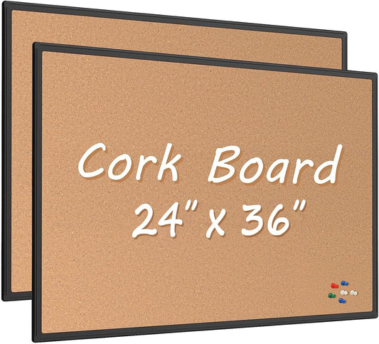 Board2by 2-Pack Cork Board Bulletin Board 24 x 36, Black Aluminium Framed 2 x 3 Corkboard, Office Board for Wall Cork, Large Wall Mounted Notice Pin Board with 32 Push Pins for School, Home & Office