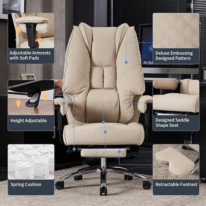 Big and Tall Office Chair 400lbs Wide Seat, Leather High Back Executive Office Chair with Foot Rest, Ergonomic Chairs Lumbar Support for Lower Back Pain Relief (Beige)