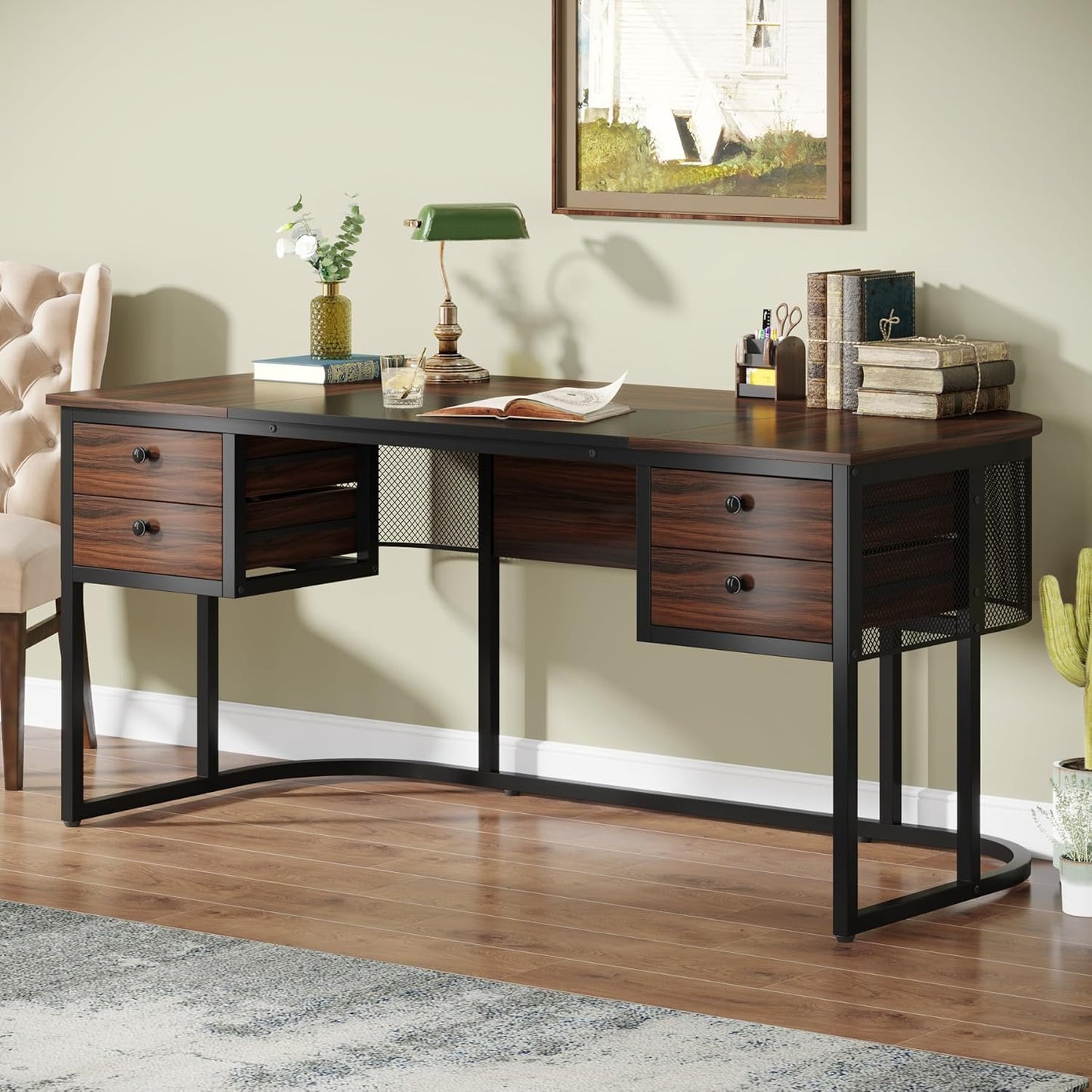 Tribesigns 63-Inch Executive Desk with 4 Drawers, Large Home Office Desk Computer Desk, Business Furniture Desk Workstation for Home Office, Dark Walnut