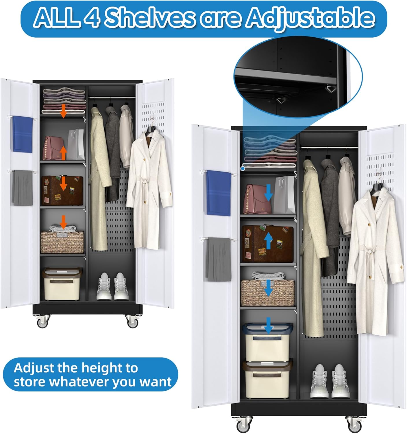 Garage Storage Cabinet with Wheels, Metal Tool Cabinet with Pegboards and 4 Adjustable Shelves, Garage Storage System with Lockable Door for Shools, Offices, Gyms and Pantries, Black and White