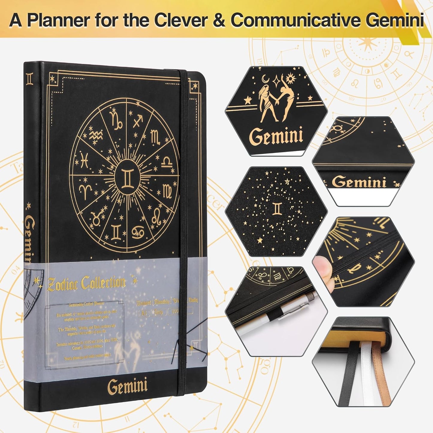 Gemini Zodiac Astrology Undated Monthly Weekly Daily Planner Journal Hardcover A5 5.7" x 8.3" 160 Pages 100GSM Paper 2025 2026 2027 Holidays Calendar