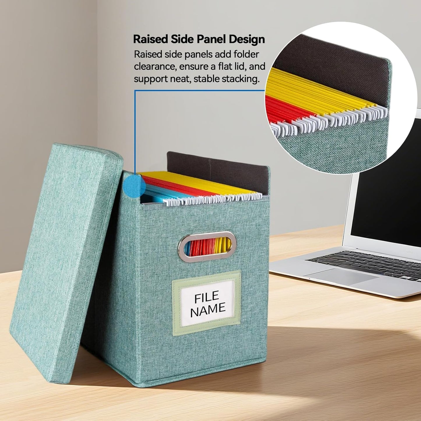 2 Pack Hanging File Folders Organizer with Lid, Letter Size Fabric File Storage Box Collapsible, Portable Office Document Holder with Metal Handle, Smooth PVC Rails, Green