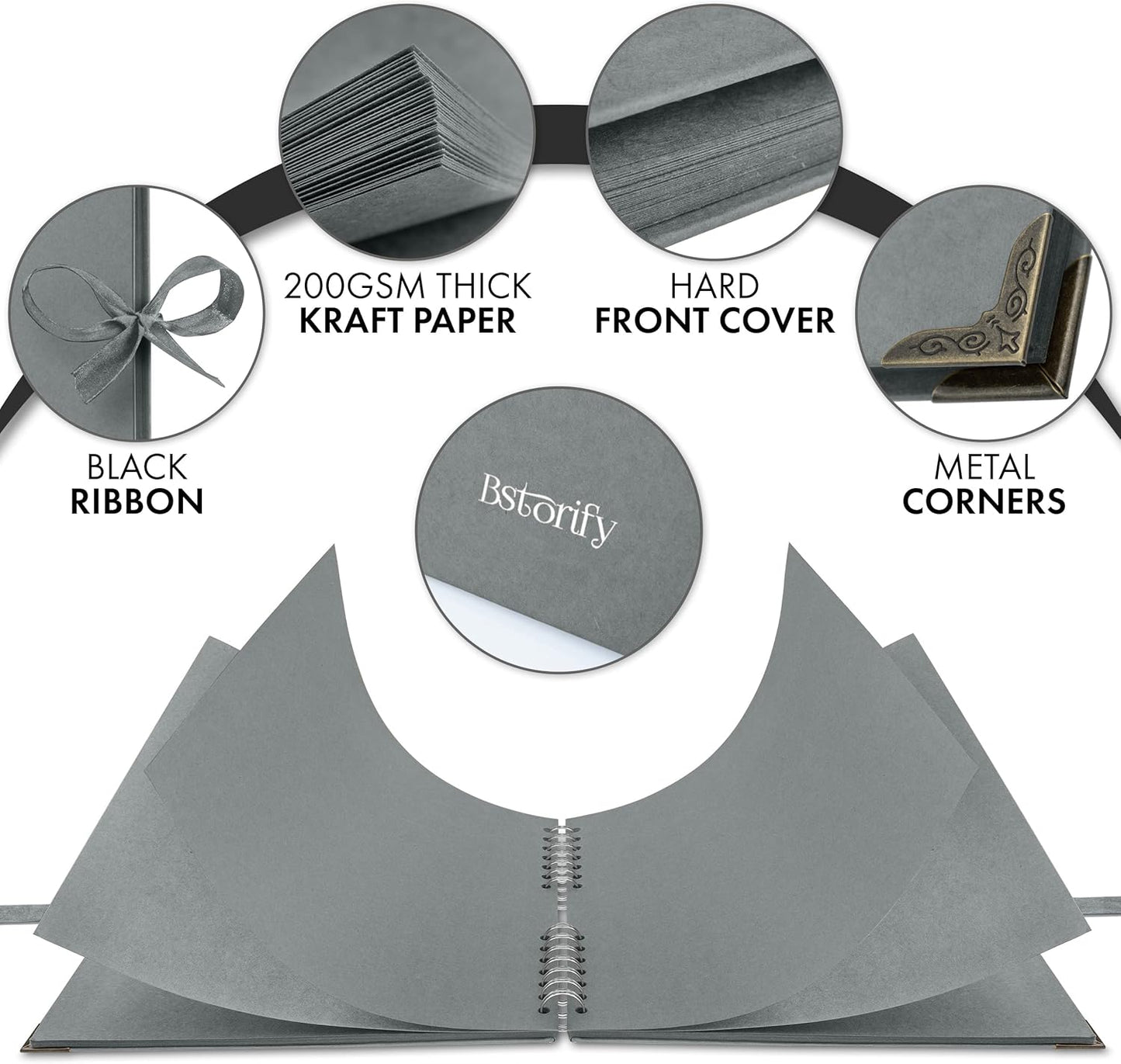 Bstorify 10 x 10 Inches Scrapbook Album 70 Pages Grey Thick Kraft Paper Corner Protectors, Ribbon Closure - Ideal for Your Scrapbooking, Art & Craft Projects (Grey, 10 x 10 Inch)