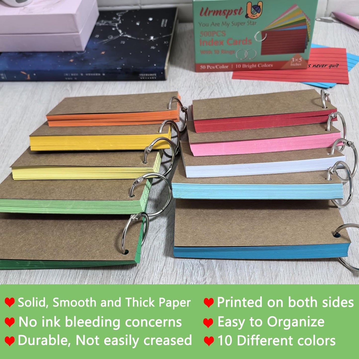 500Pcs Index Cards with 10 Rings, 3 x 5 Inches Ruled Index Cards, Colored Index Flash Cards, Lined on Both Side Colored Notecards for Study, Learning, Memory, Recipe (10 Colors)