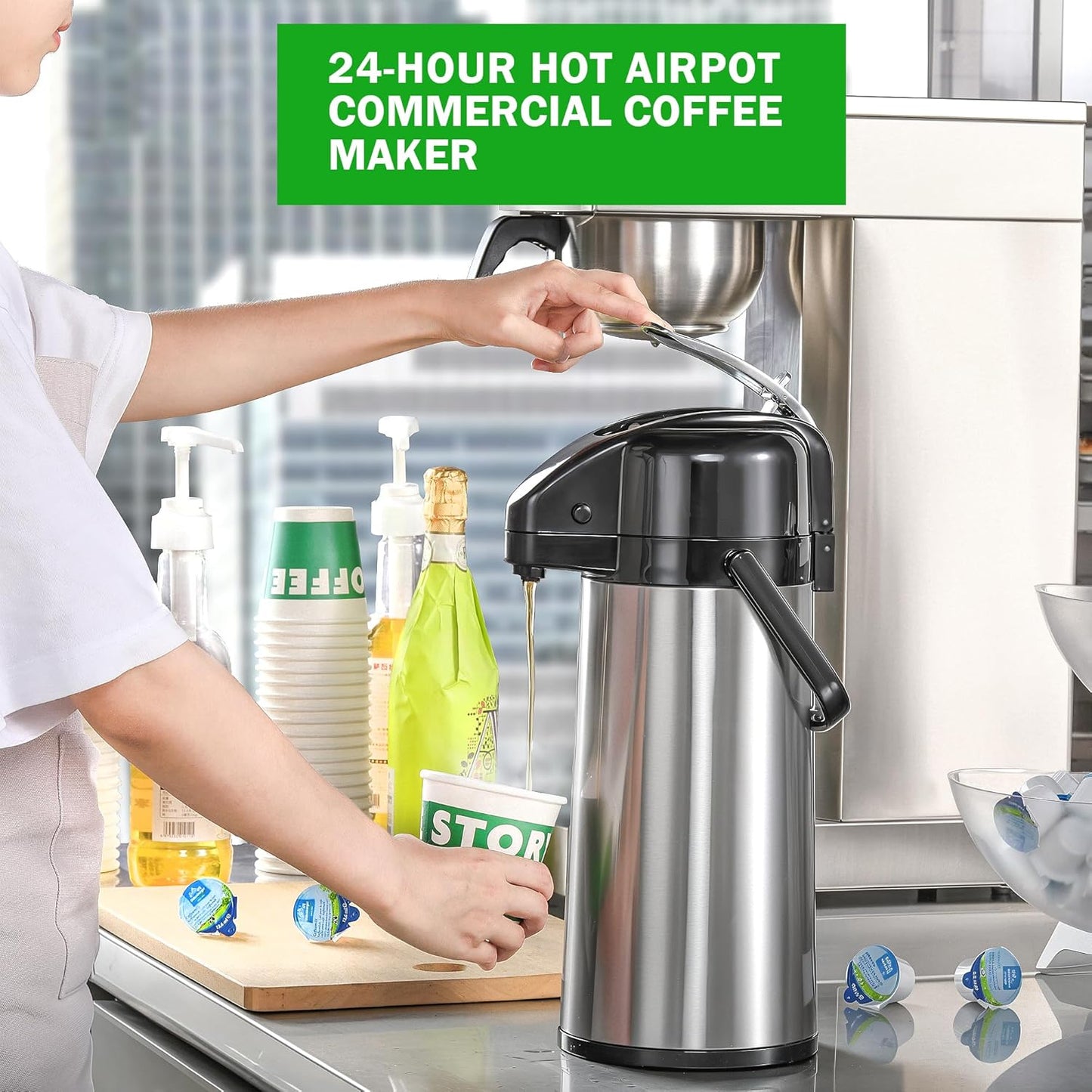 Commercial Airpot Coffee Brewer 2.2L/74oz Dirp Coffee Maker with 24H Insulated Thermal Carafe Stainless Steel Pour Over Coffee Machine 120V/1450W COFFEE Dispenser for Café Restaurant Cafateria