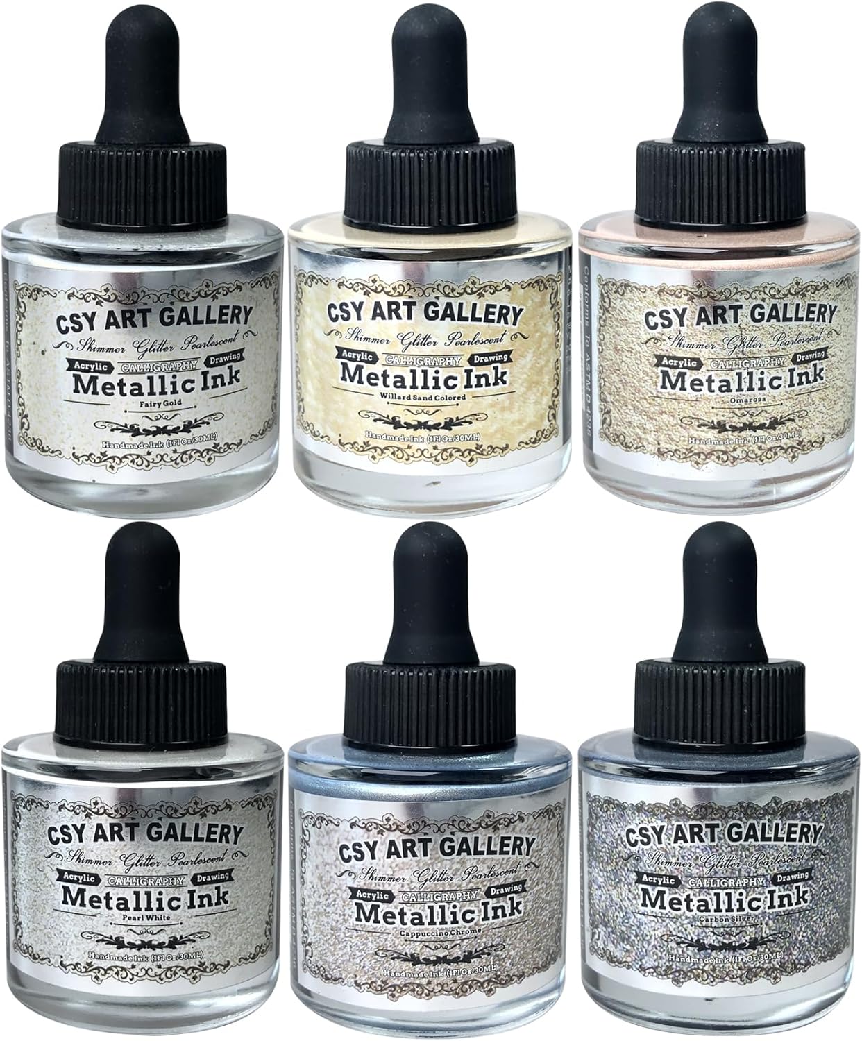 CSY art gallery Metallic -Pearlescent-Glitter Acrylic Ink -Shining Calligraphy Paint -Silver, Rose Gold Rich Pigments Perfect for Artists, Canvas, Rocks, Wood, Fabric, Ceramic (Galaxy Starlight Set)