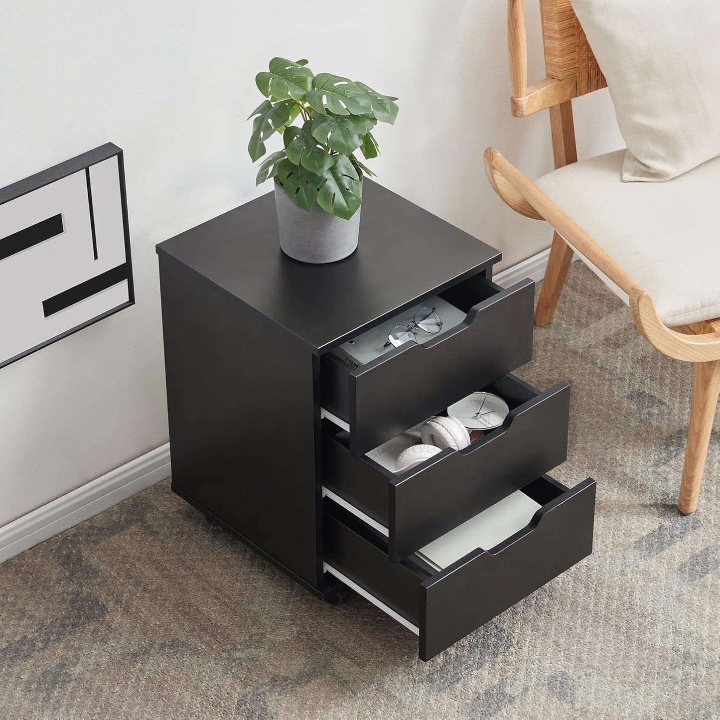 Farini 3-Drawer Vertical Filing Cabinet Rolling Wood Mobile File Cabinets Under Desk for Home Office with Casters (Black, Fully Assembled)