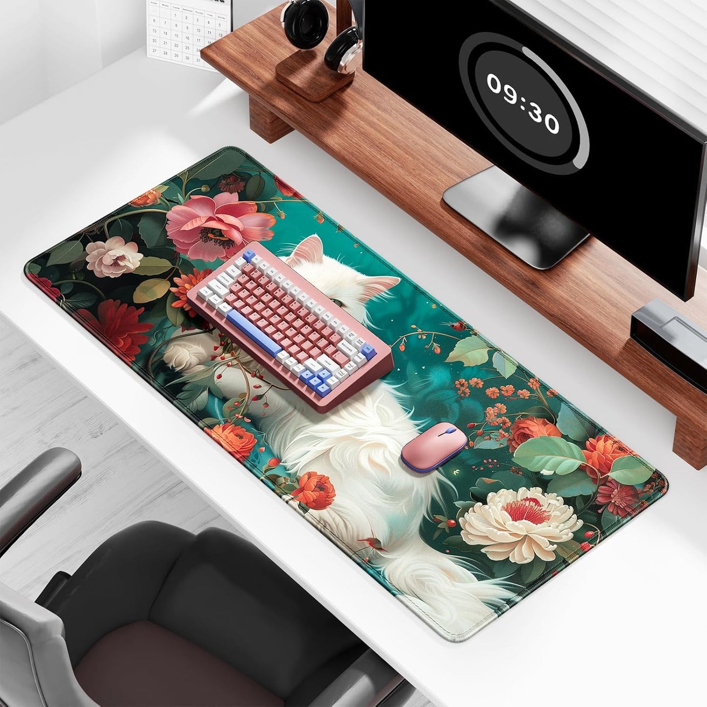 Auhoahsil Large Gaming Mouse Pad, Flower & Cat XXL 35.4 x 15.7 in Desk Pad Stitched Non-Slip Rubber Long Computer Mousepad Thin Extended Full Size Desk Mat for Desktop, Laptop, Wireless Mice