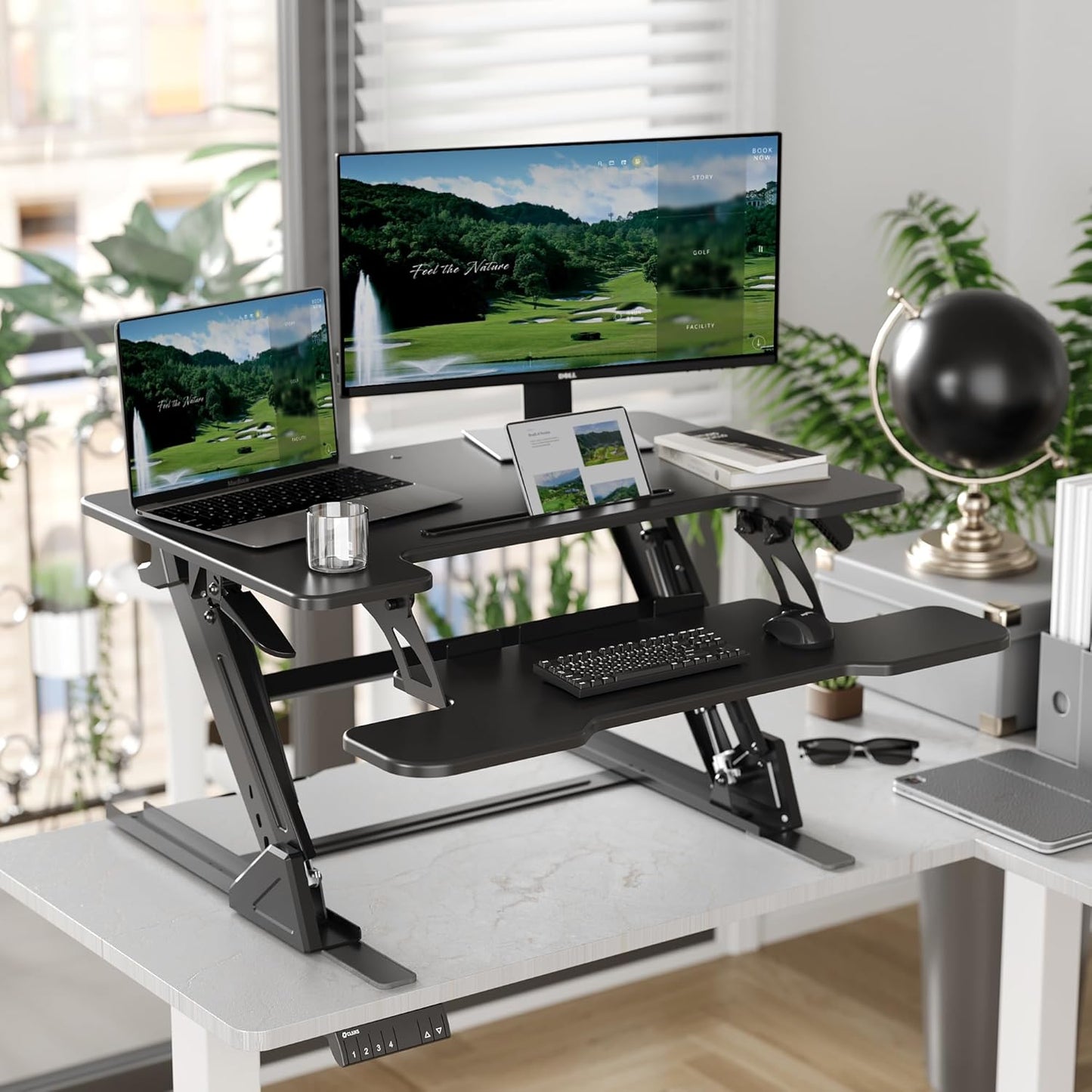 Claiks Standing Desk Converter 36 inch, Height Adjustable Sit Stand Up Desk Riser, Quick Sit to Stand Tabletop Dual Monitor Riser Workstation for Home Office with Keyboard Tray, Black