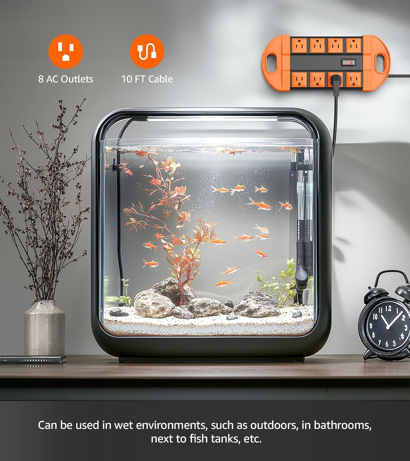 CCCEI Outdoor Power Strip Weatherproof with 8 Plug, Waterproof Extension Cord with Multiple Outlets, Christmas Exterior Garden Yard Surge Protector 10FT, Orange.