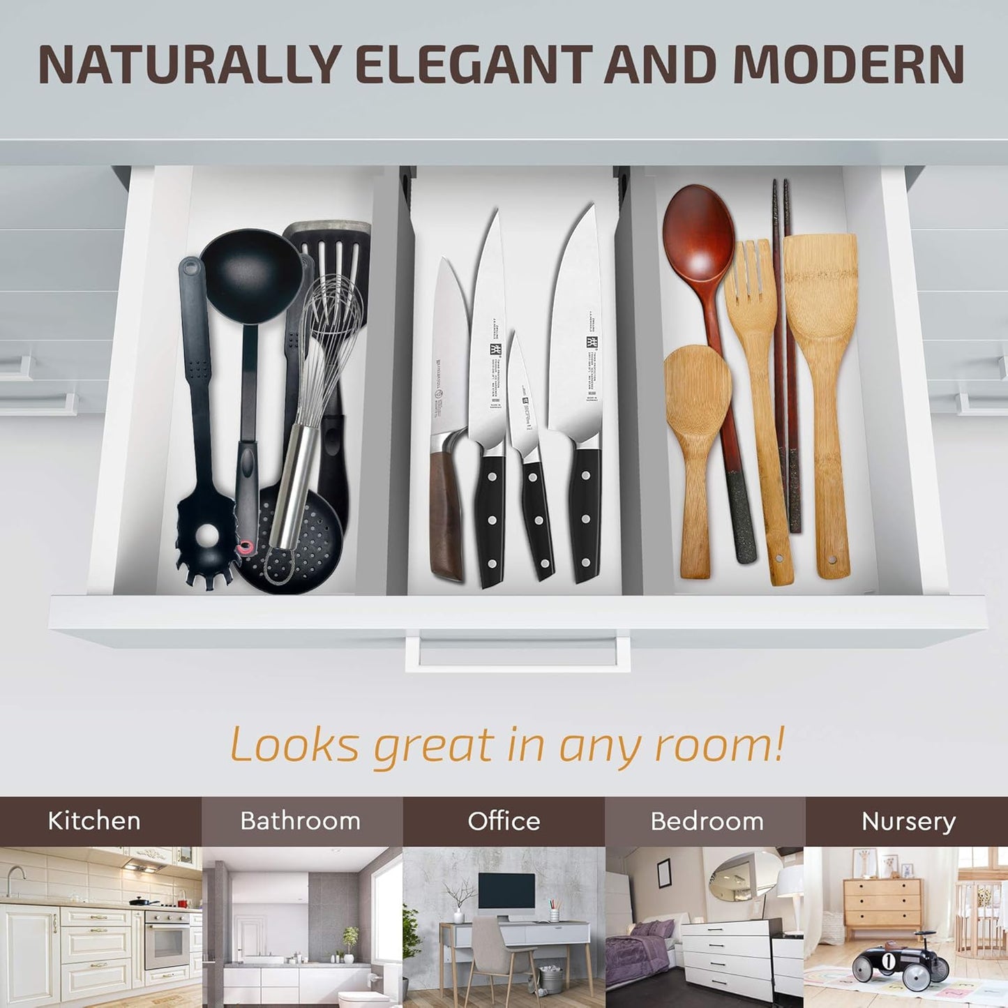 4 Pack Drawer Dividers Bamboo 2.6" High, 16-22" Adjustable Drawer Organizers for Clothes, Expandable Dresser Separators in Bedroom/Bathroom/Kitchen/Office Organization and Storage (Grey)