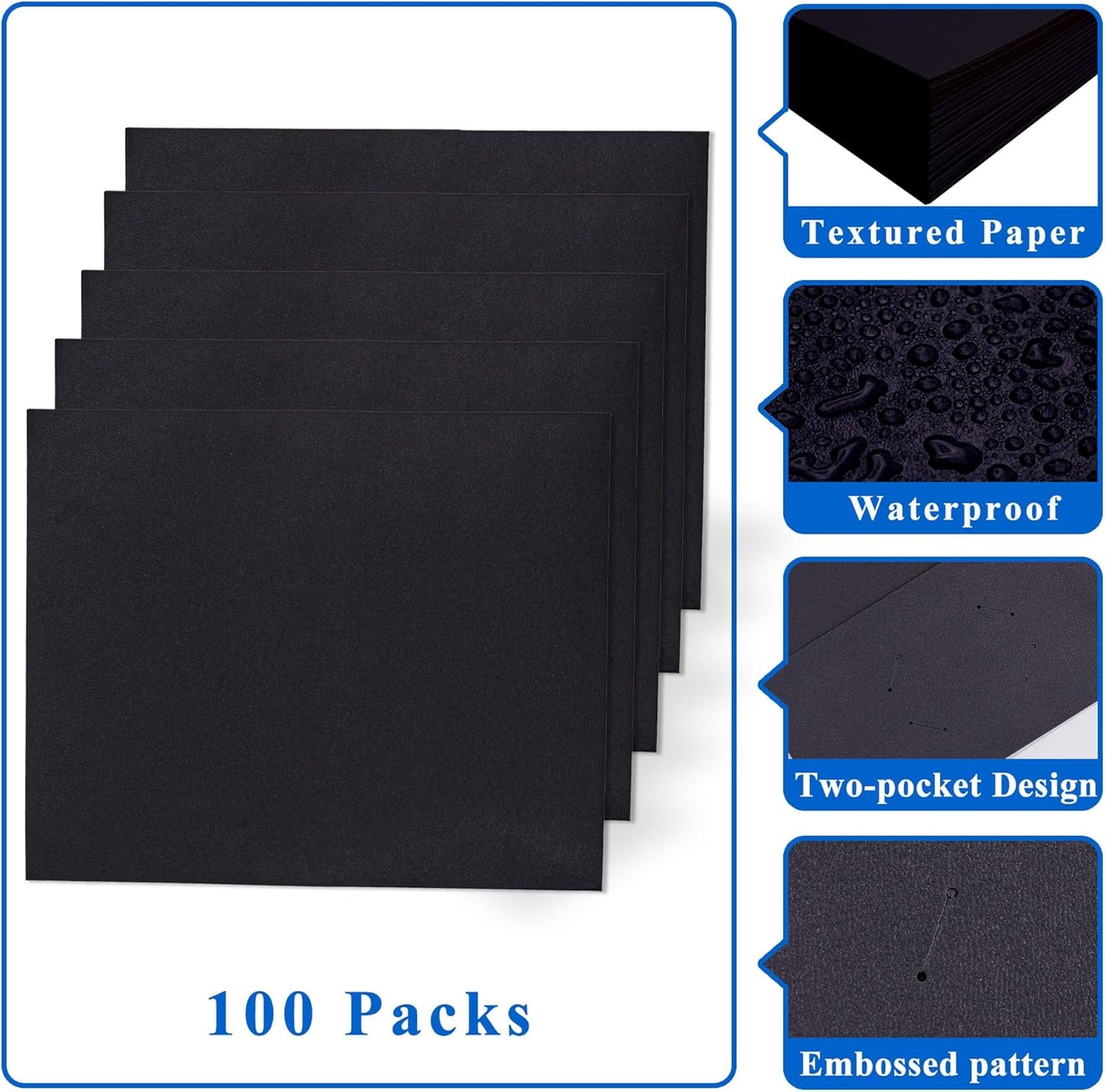 Zzrywuty 100 Packs Two Pocket File Folders with Business Card Slot,Textured Paper,Letter Size,Holds 100 Sheets for School,Office,Business,Black