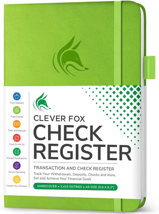 Clever Fox Check Register Book - Deluxe Transaction Register, Accounting Ledger Book, Checkbook Register & Checking Account Register Book for Personal and Work Use, A5 Hardcover - Green