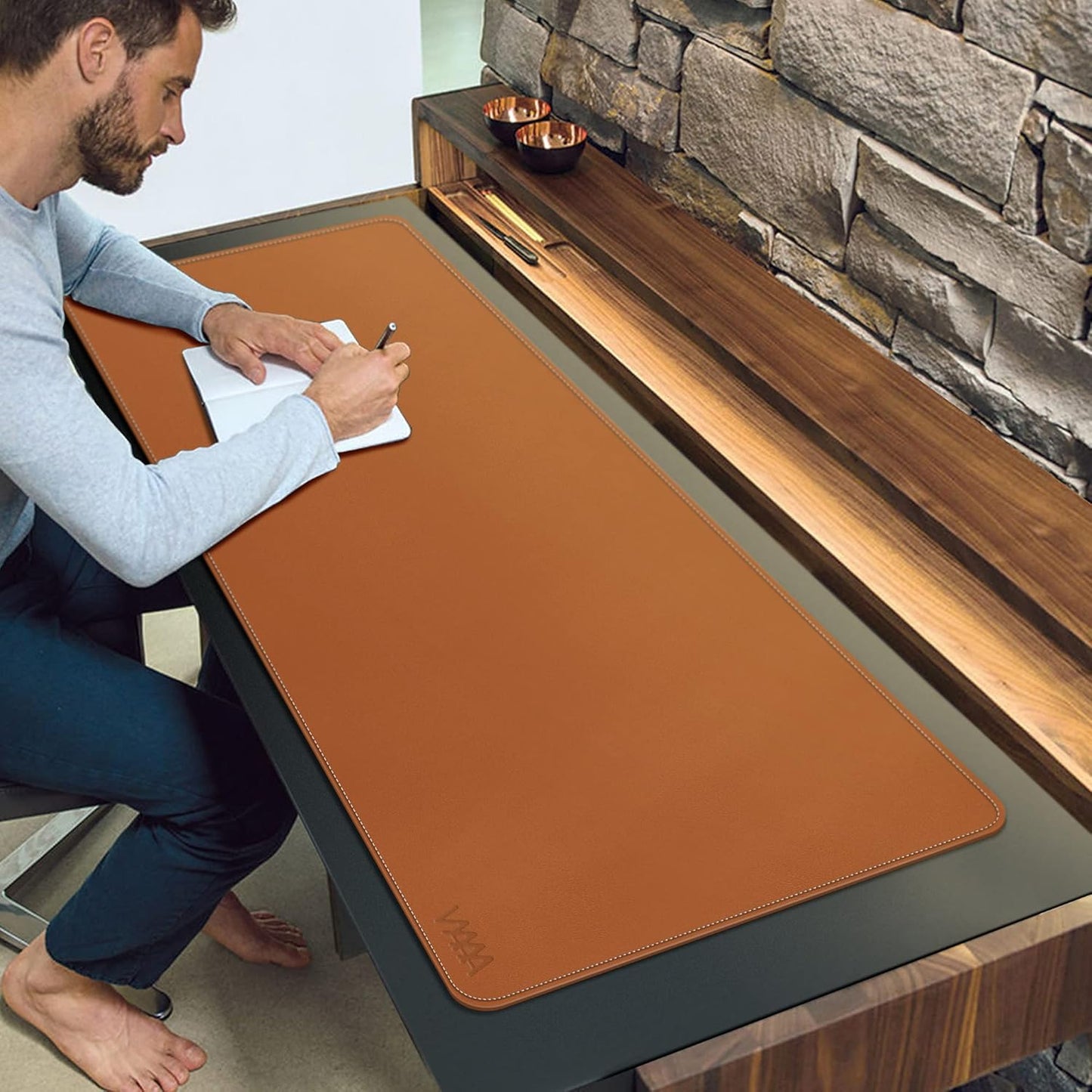 Desk Mat on top of Desks, Vyaaa 55" x 23.6" PU Leather Desk Mat, Large Desk Blotter Pad for Office, Home, Gaming, Computer, Laptop, Keyboard and Mouse - Light Brown