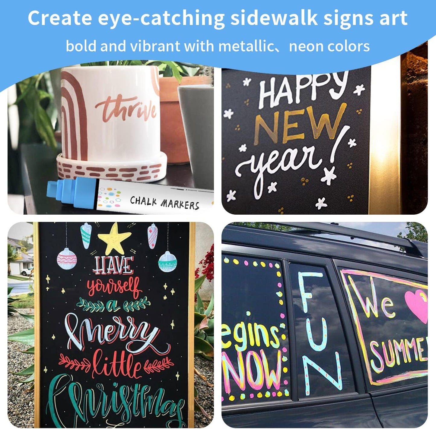 Anyo 12 Pack Window Markers for Cars, Liquid Chalk Markers with 15mm 3 in 1 Nib Jumbo Tip, Metallic & Neon Color Wet Erase Window Paint for Glass Washable, Glass, Mirror, Blackboard, Bistro, Menus