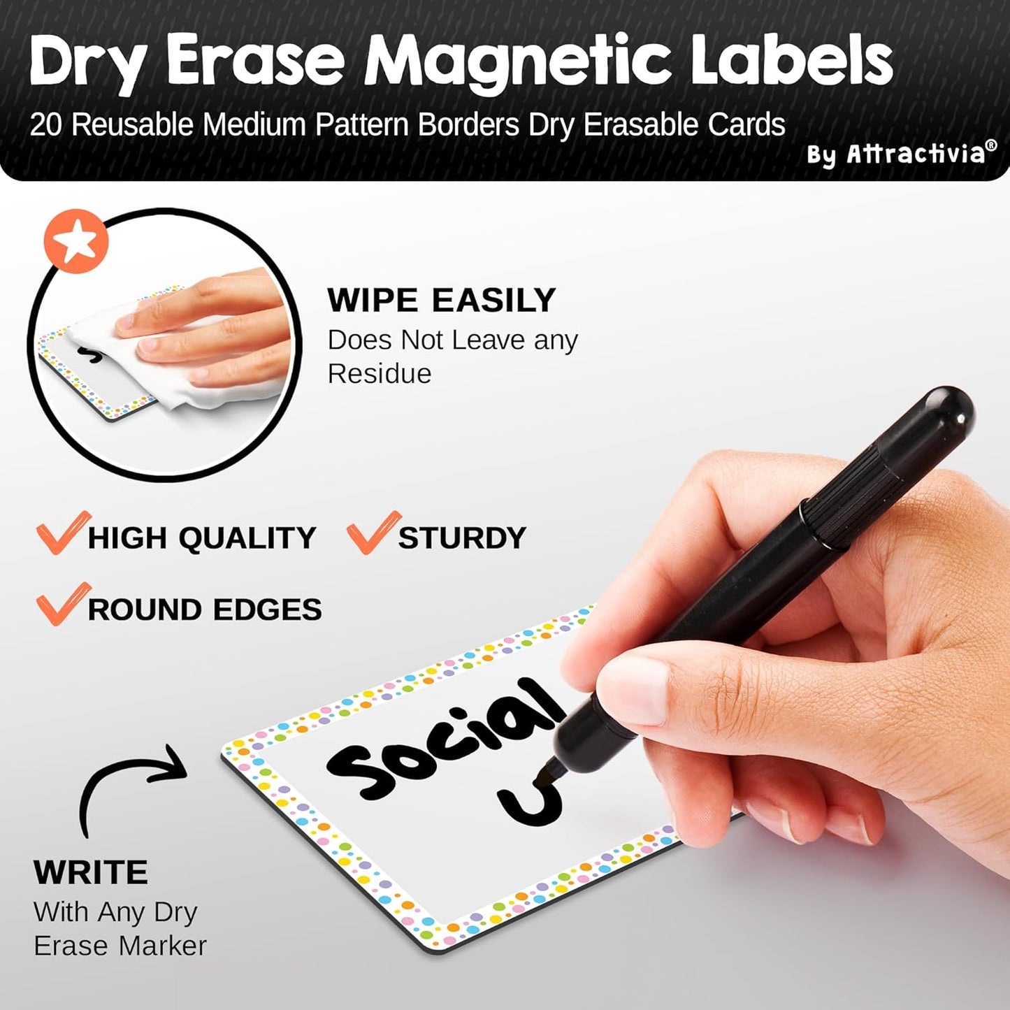 Dry Erase Magnetic Labels 3.7 x 2.8 in, Pattern Borders, Medium Dry Erase Magnets, 20-Pack, Colored Erasable Write-On All-Purpose Labels, for Office, Education, Home, Whiteboard