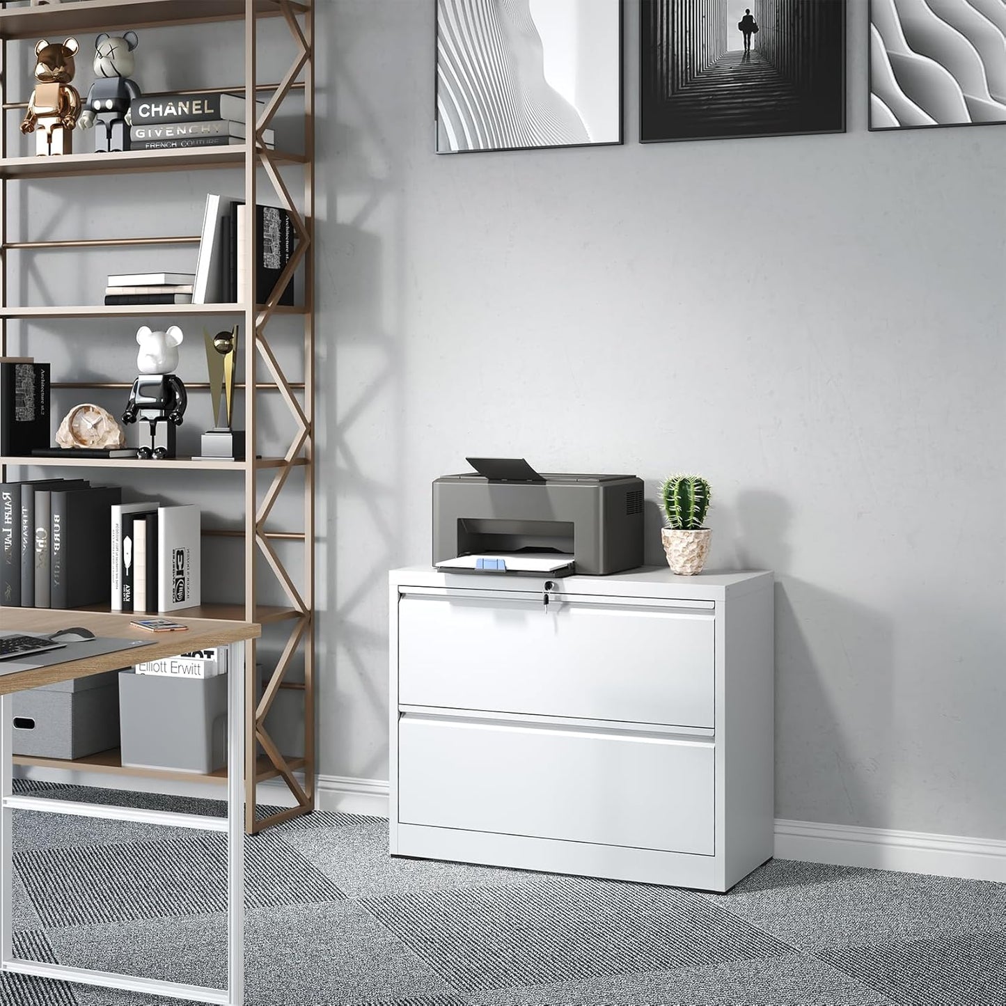 2 Drawer Lateral File Cabinet, Metal Lateral Filing Cabinet for Home Office, Filing Cabinets for Letter/Legal/A4/F4 Hanging Files (White)