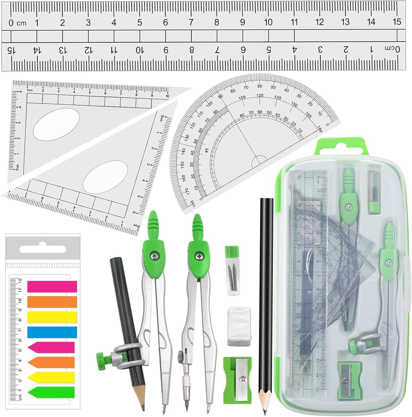 Geometry Compass Kit Starter Maths Set with 2 Drafting Compasses Protractor Set Squares Ruler and More for Students Maths Study, Green