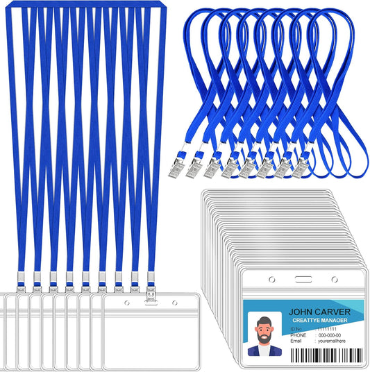 100 Pcs Clear Horizontal Badge Id Card and 100 Pcs Lanyard, Reusable Lanyards for Id Badge Holder Name Tag Badge Holder with Lanyards for Adults Kids Business School Conferences (Blue)