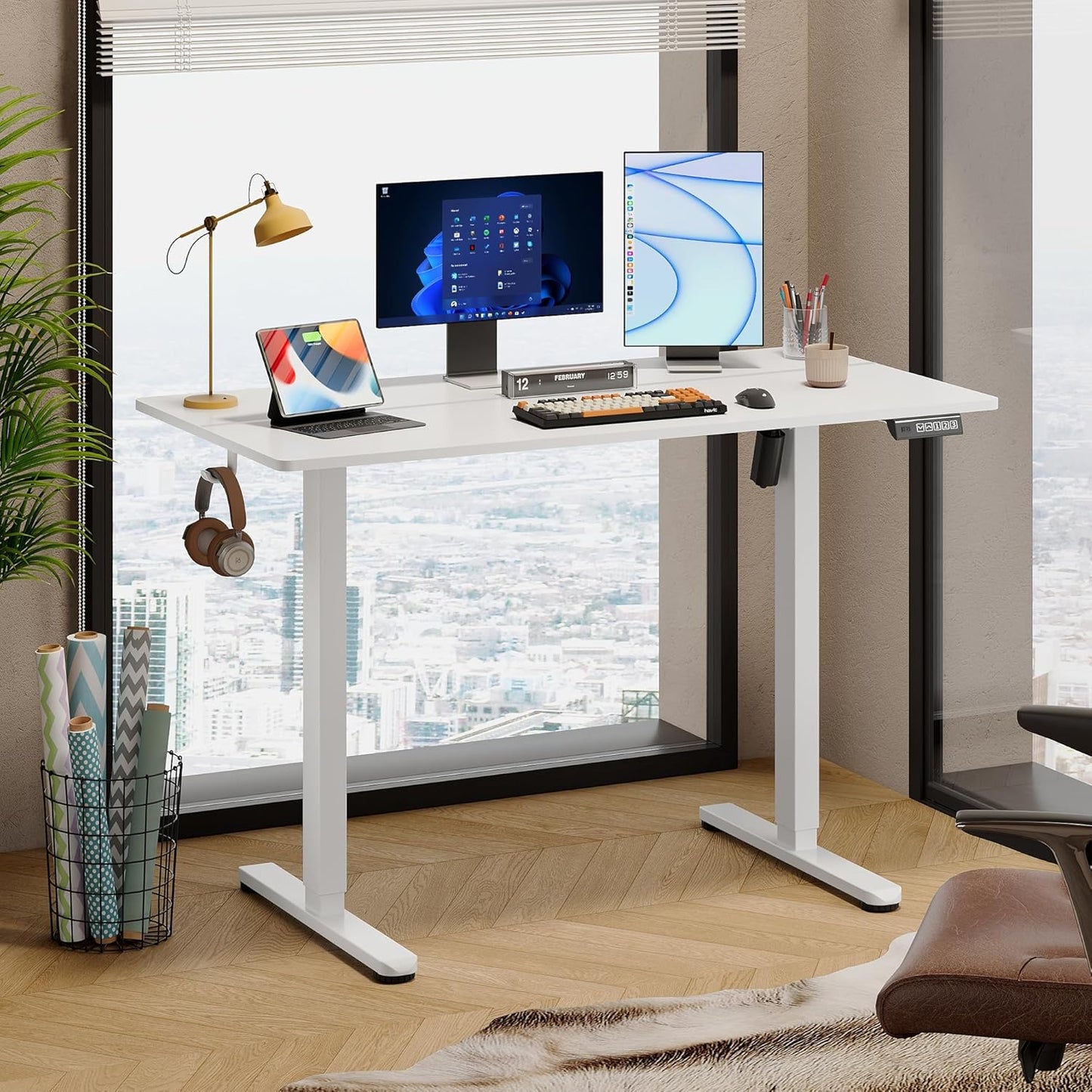 DEVAISE 48 Inch Electric Standing Desk, 3 Adjustable Height Stand up Desk for Home Office, Ergonomic Sit to Stand Desk with LED Touchscreen，Headphone Hook, 3 Memory Preset Computer Desk (White)