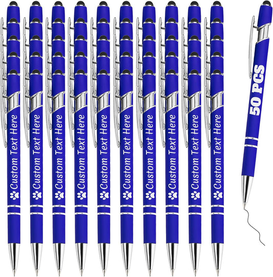 Personalized Pens Bulk 50 with Name Custom Engraving Ballpoint Pens with Stylus Tip Customized Smooth Writing Pens Personalized Gifts for Anniversary Birthday or Graduation(Blue,Black Ink)