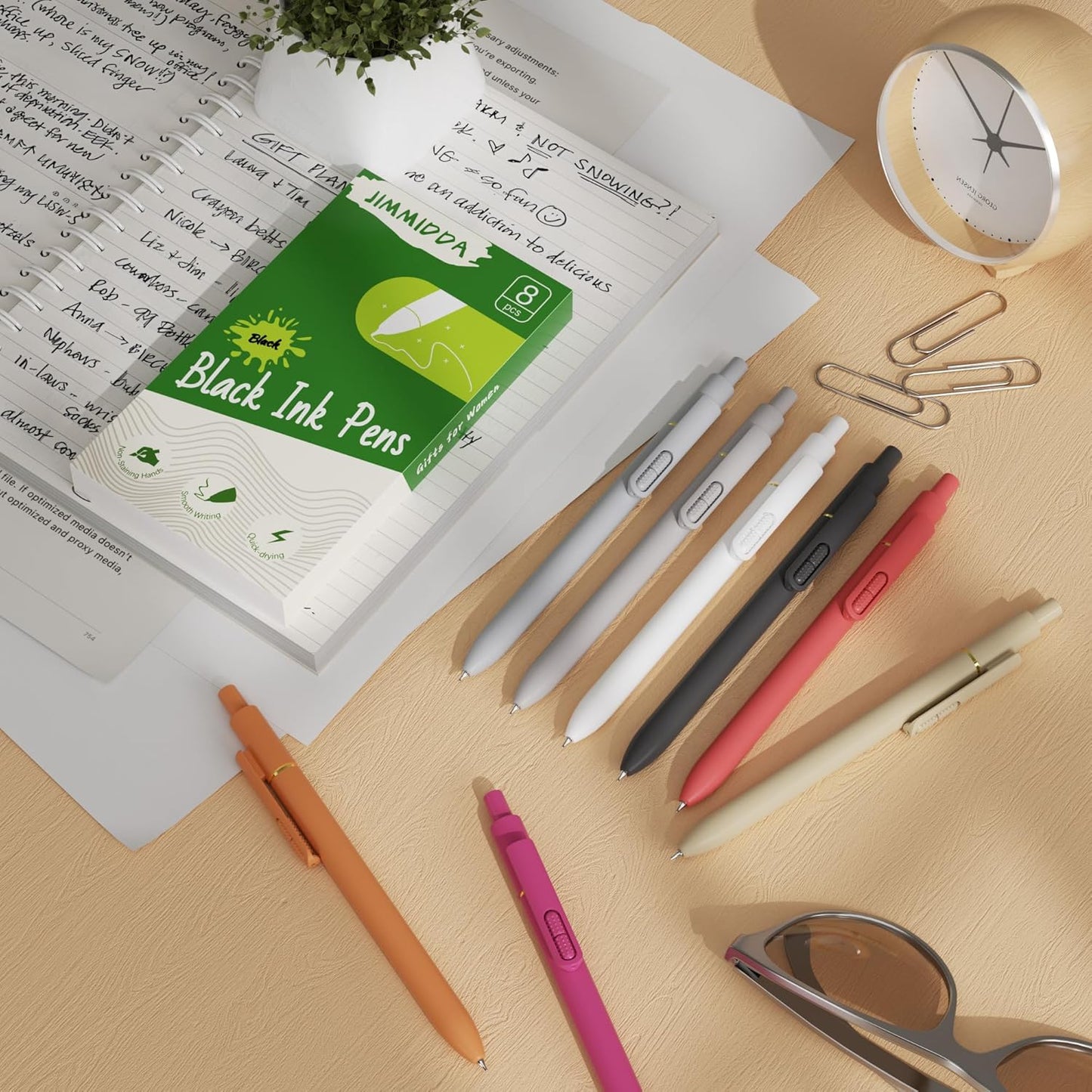 8Pcs Gel Pens with Black Ink, Fine Point Smooth Writing Pens, Quick-dry Gel Retractable Pens for Journaling Note Taking, Cute Office School Supplies for Adults Kids (0.7mm, Bright)