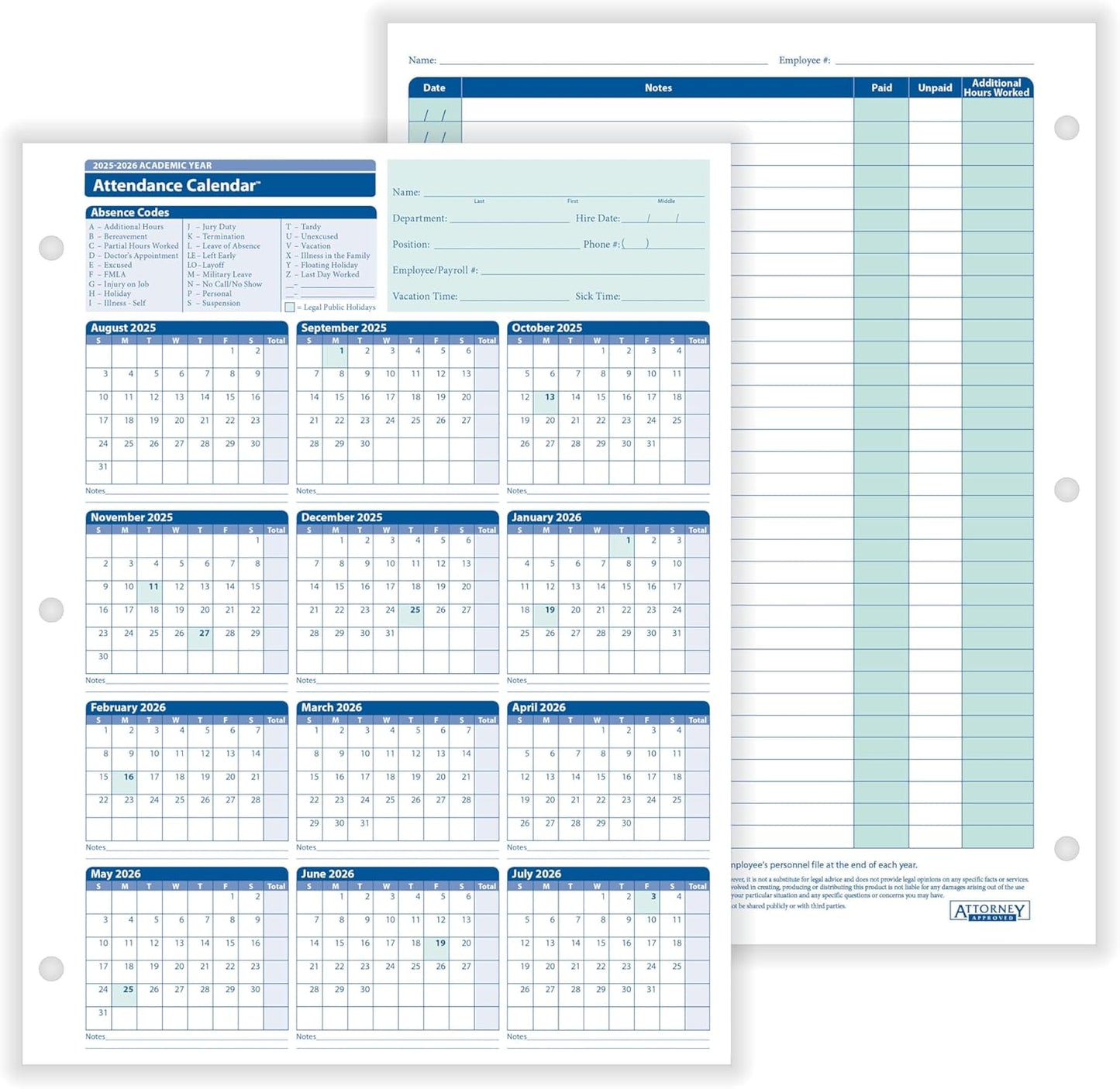 2025-2026 Academic Attendance Calendar, Pack Of 50