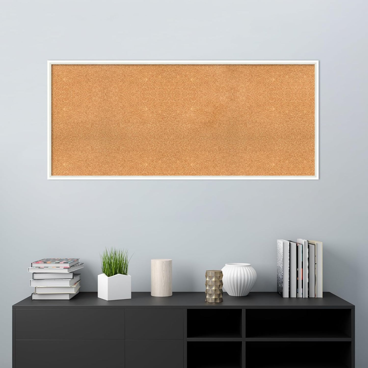 Amanti Art Natural Cork Board for Wall, 25x57 Vision Board with White Frame, Oversize Corkboard Office Decor for Home Organization, Modern Corkboard Pinboard to Display Items for Home Organization in