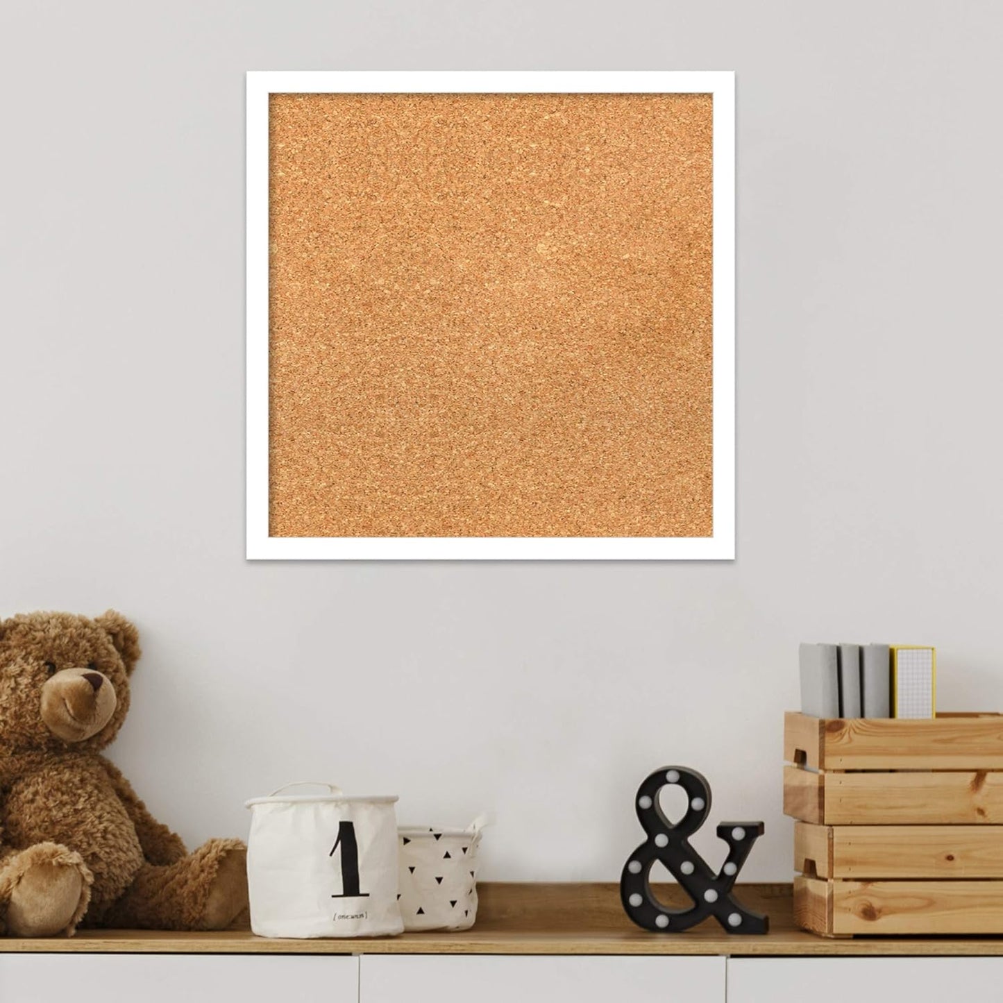 Amanti Art Natural Cork Board for Wall, 17x17 Vision Board with White Frame, Small Corkboard Office Decor for Home Organization, Modern Corkboard Pinboard to Display Items for Home Organization in