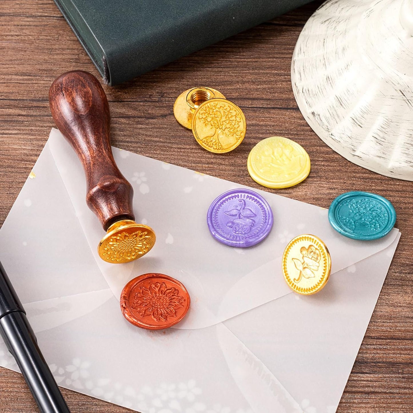 5pcs Wax Seal Stamp Kit, Brass Sealing Wax Stamps Head & Wooden Handle for Wedding Invitations Cards Envelopes Gift Packing(Tree of Life+Tulip+Daisy+Love Rose)