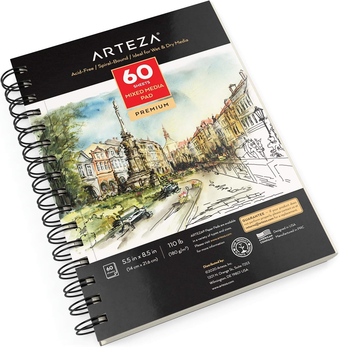 ARTEZA Mixed Media Sketchbook, 5.5 x 8.5 Inches, Pack of 1, 60 Sheets, Micro-Perforated Spiral-Bound Paper Pad for Wet and Dry Media